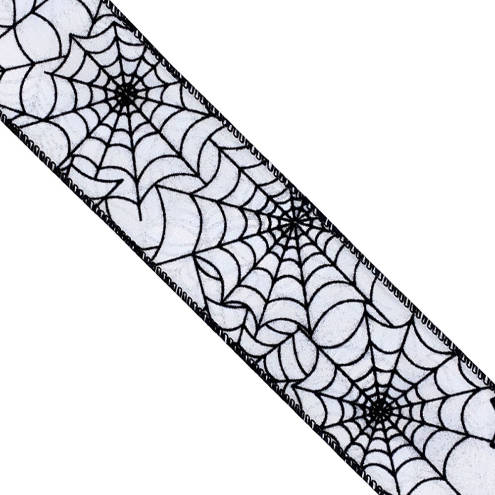 Designer&#x27;s Shop WR 63-5113 Halloween Black Spider Web on White Satin wired edge ribbons, 2.5&#x22; x 10 yards