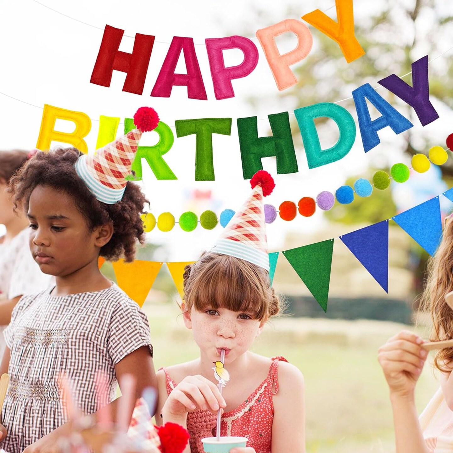 Pre-Strung 3D Happy Birthday Banner, 3 PCS Rainbow Happy Birthday Felt Garland, Pom Pom Garland, Triangle Fabric Garland Bunting, Reusable Rainbow Birthday Decorations