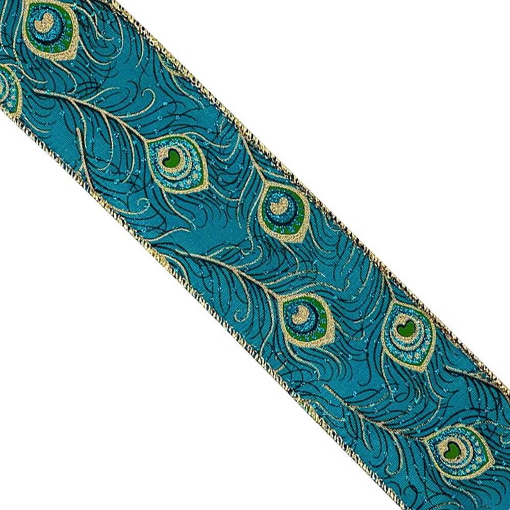 Designer's Shop WR 63-5083 Peacock Green Gold edge 2.5" wired edge ribbon 10 yard spooled