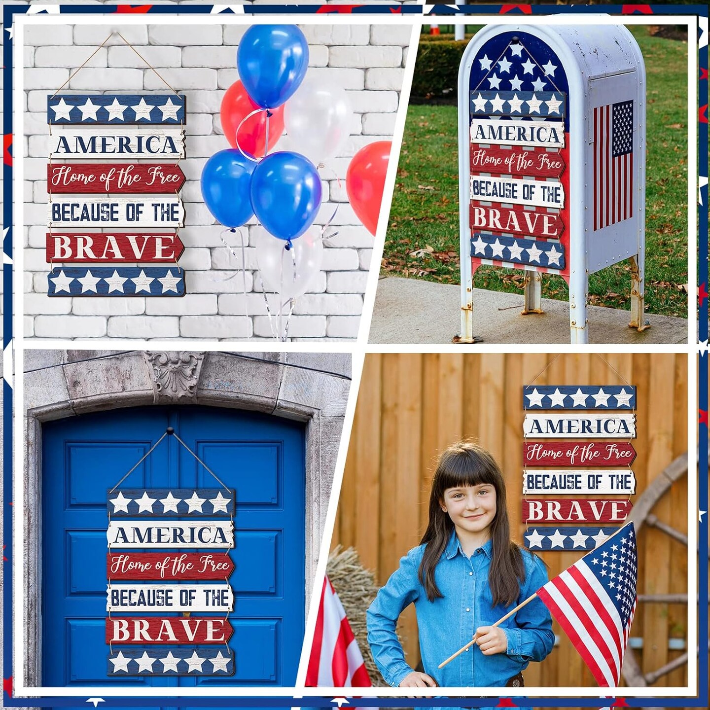 4th of July Decorations Patriotic Wall Decor Memorial Day Wooden Hanging Sign Rustic Red White Blue American Stars Door Sign Large Independence Day Wood Hanging Plaque for Front Door Porch Home