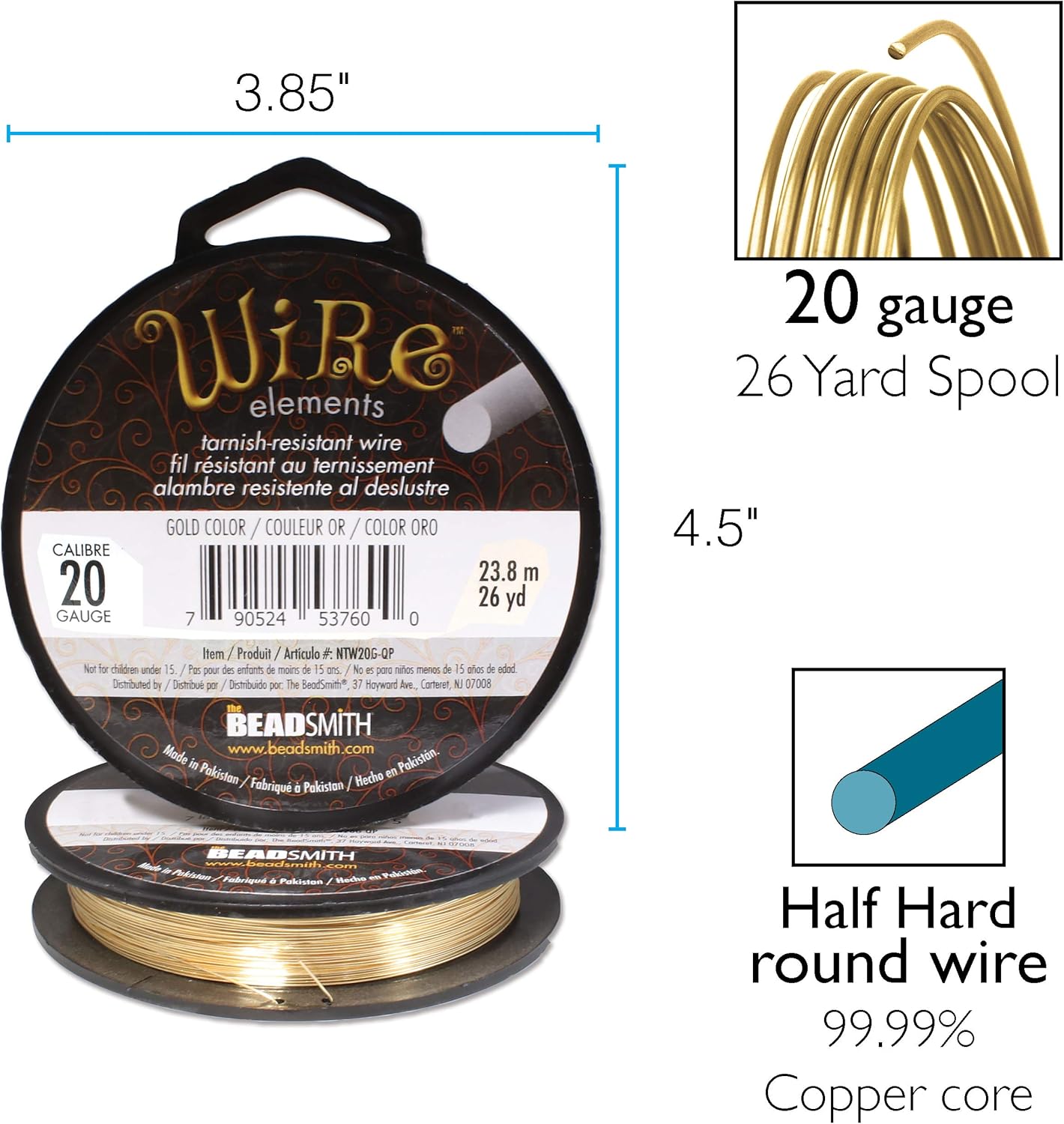 The Beadsmith Wire Elements 20-Gauge Lacquered Tarnish-Resistant Copper Wire for Jewelry Making, 26 Yard, 23.77 Meter, ¼ Pound Spool (Gold Color)
