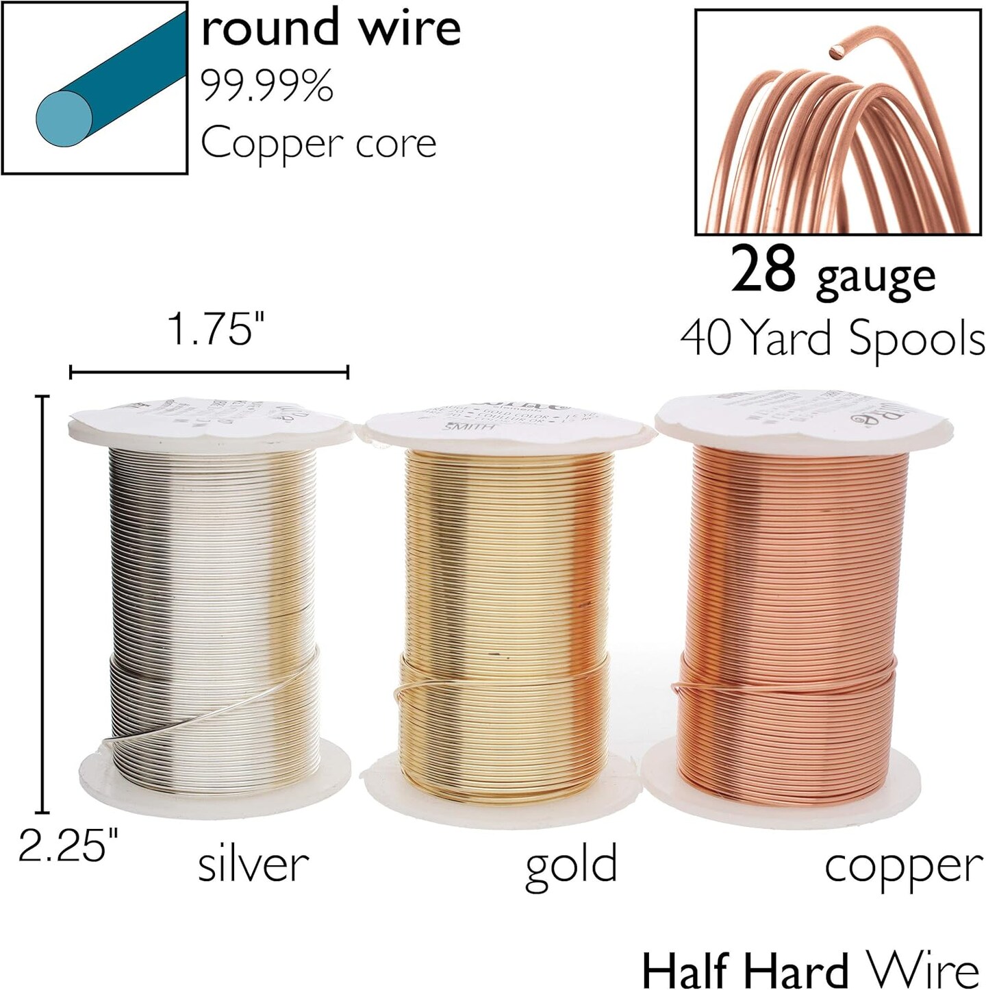 The Beadsmith Wire Elements 28-Gauge Lacquered Tarnish-Resistant Copper Wire for Jewelry Making, 4-40 Yard, 36.58 Meter Spools (Gold, Silver, &#x26; Copper Color)