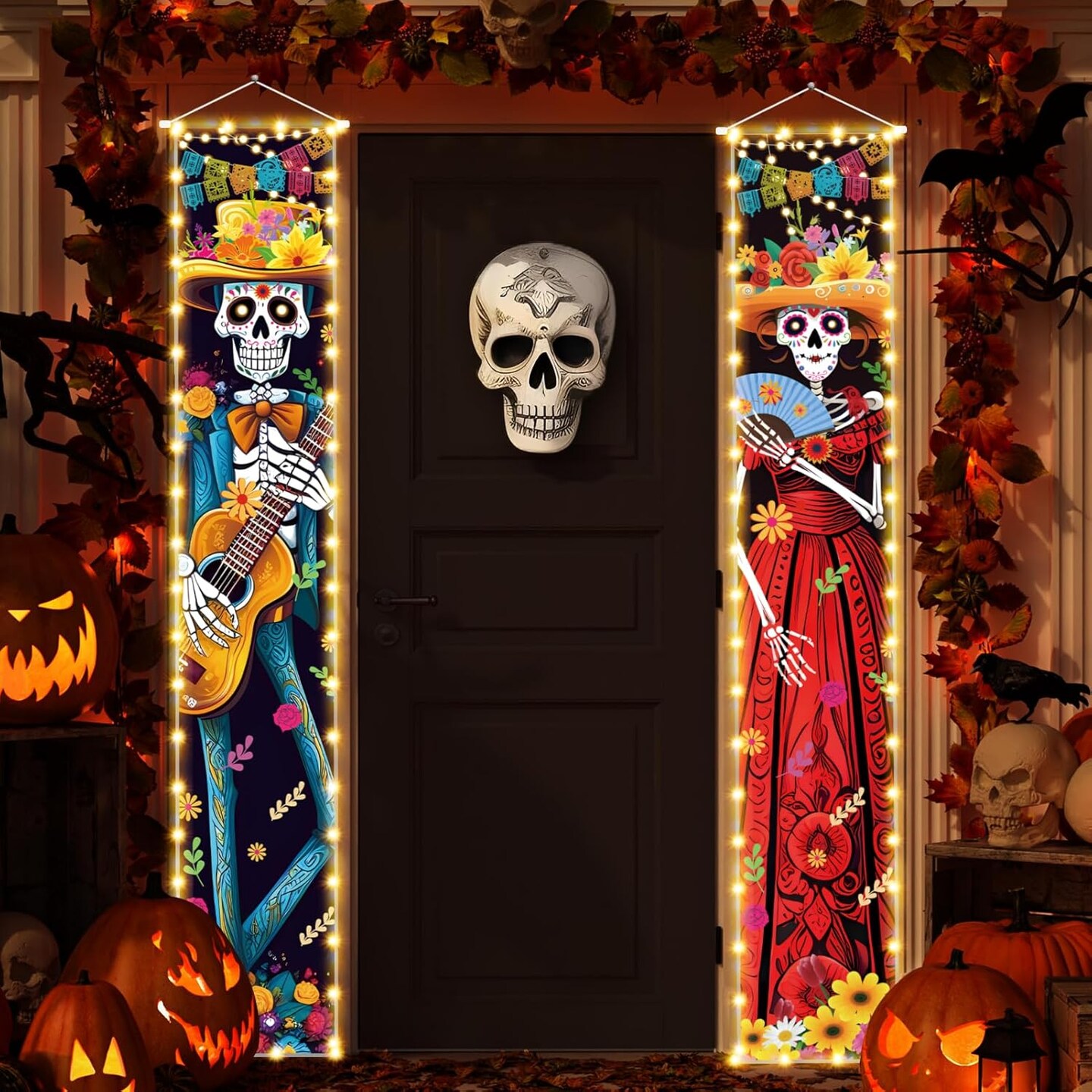 Halloween Dia De Los Muertos Lighted Porch Sign Banners