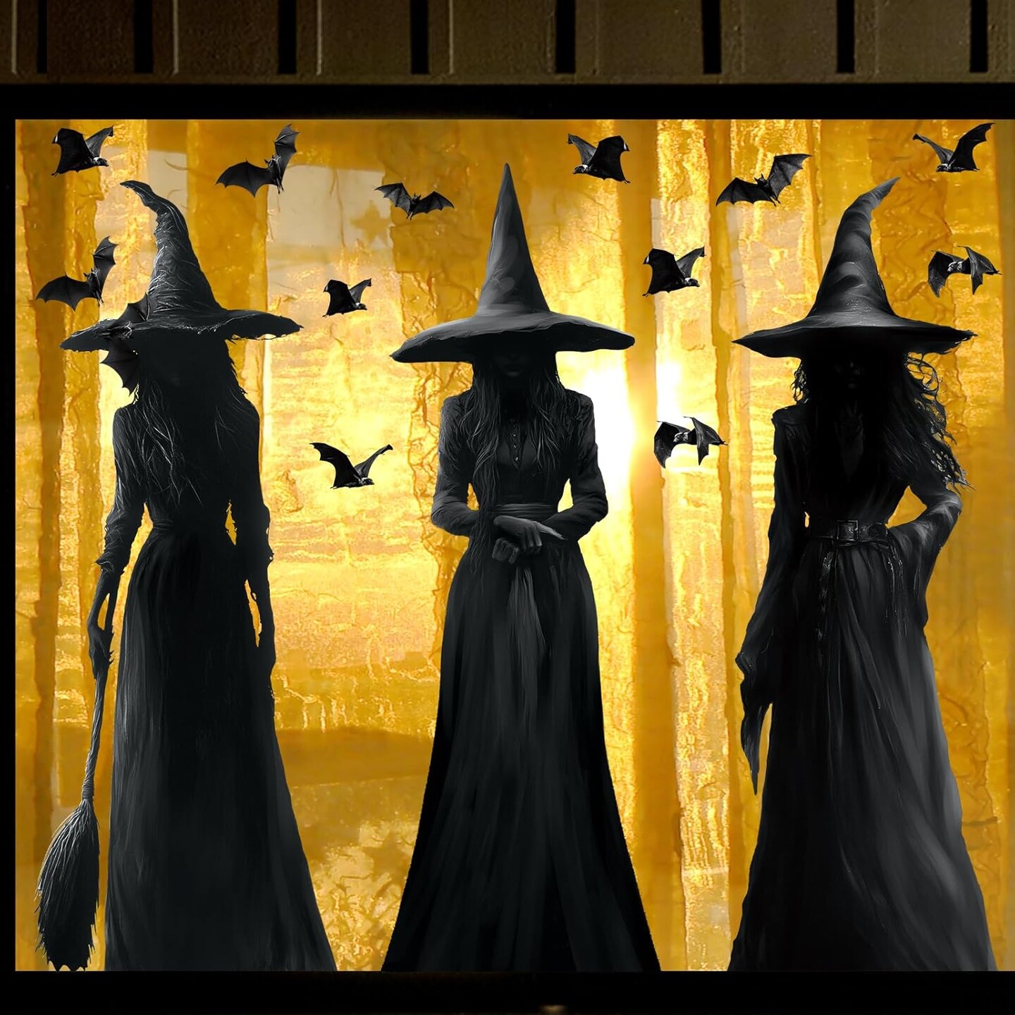 3pcs Large Dark Witch and Bats Silhouette Halloween Decals