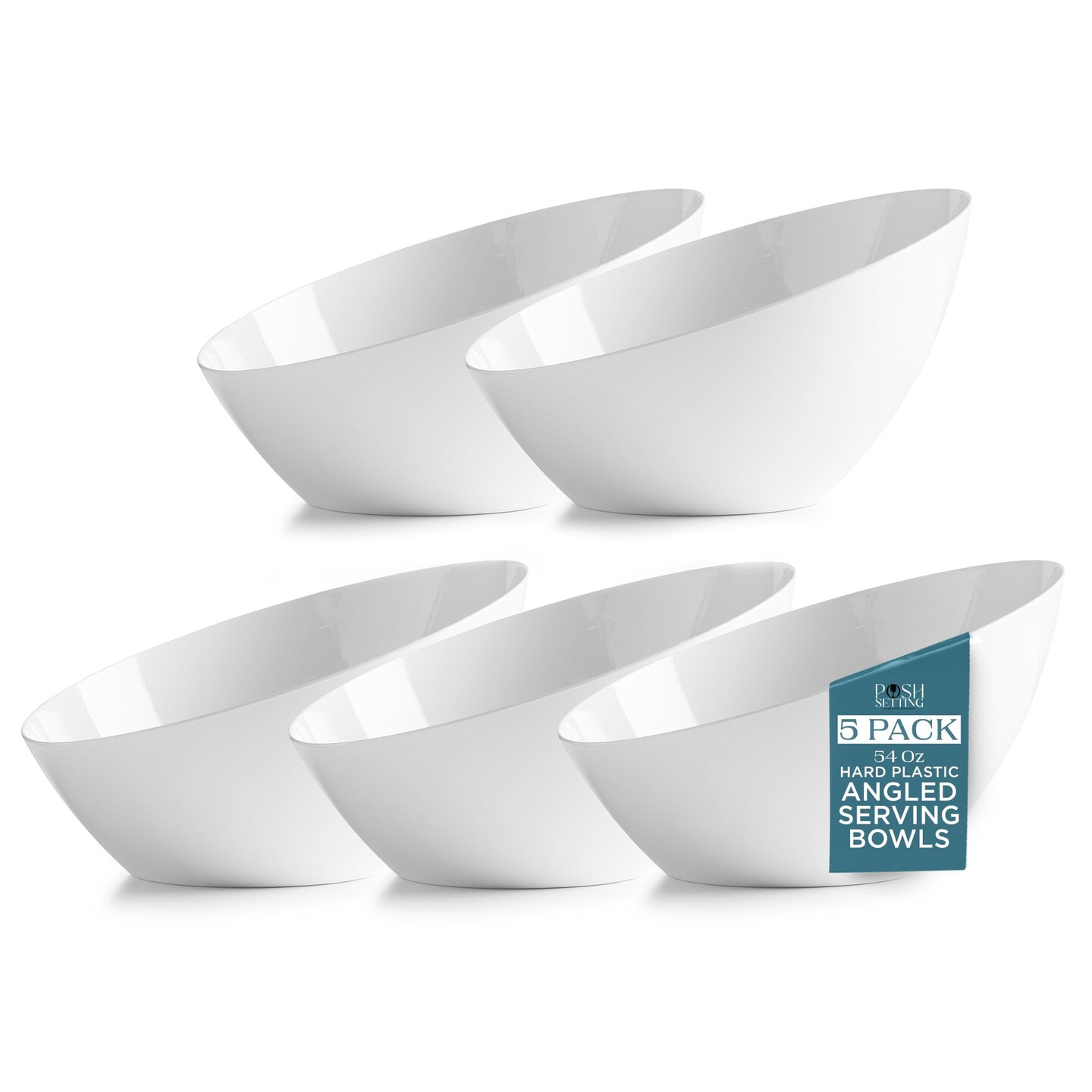 Posh Setting - White Plastic Serving Bowls for Party - Angled, Disposable, Chip & Candy Bowls - 54 OZ, 5 Pack