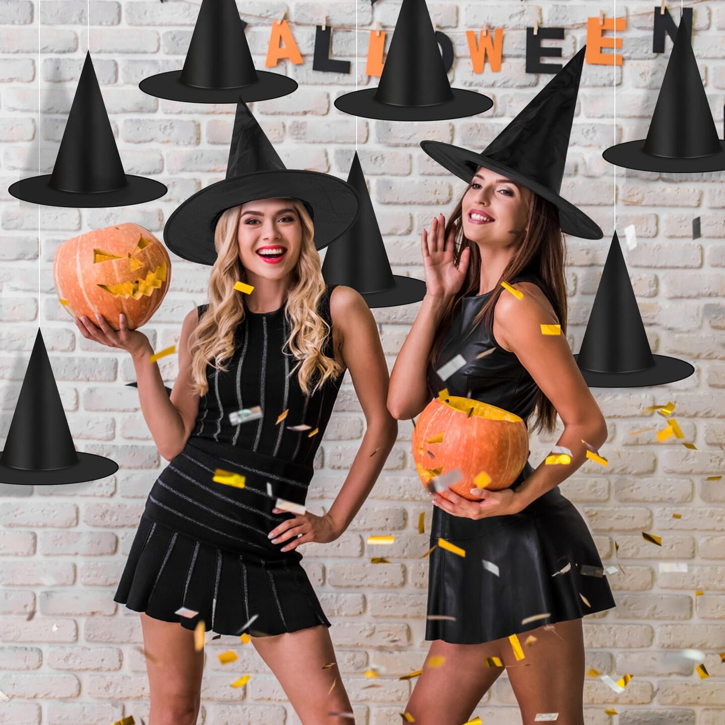 12pcs Halloween Black Witch Hats Decorations, Thickened Hanging Wizard Hats Bulk Costume Accessory, Floating Witch Hat with Rope and Hooks for Porch Yard Indoor Outdoor Halloween Decor Party Favors