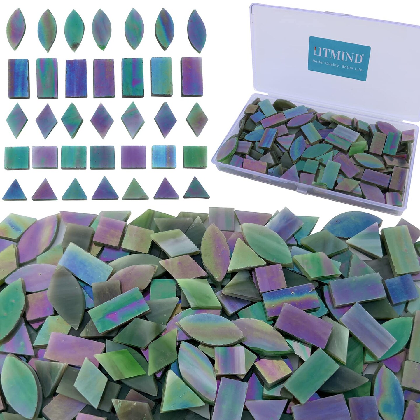 LITMIND Iridescent Glass Mosaic Tiles for Crafts, 240 Pieces 5 Shapes Mixed Stained Glass Pieces, Mosaic Kits for Adults (Iridescent LawnGreen)