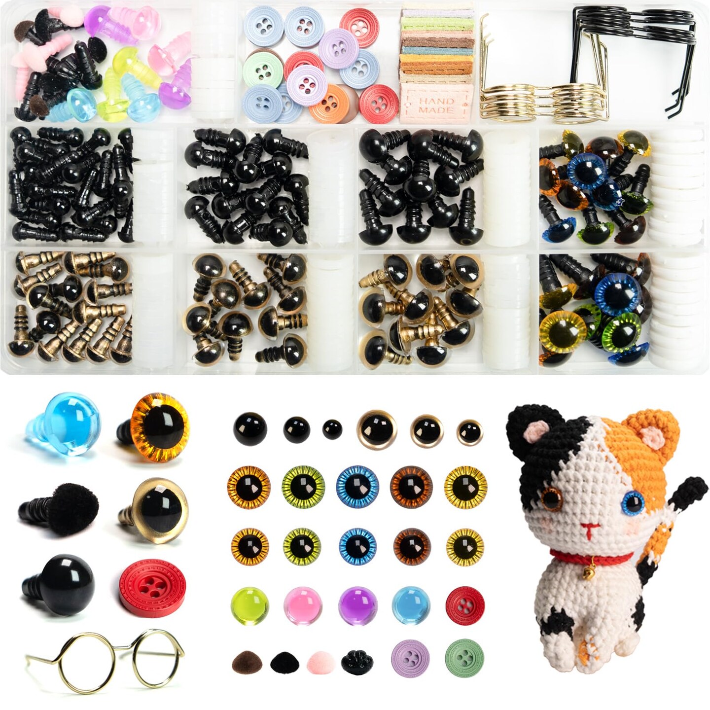 Safety Eyes for Amigurumi 264 PCS, Crochet Glasses Noses and Buttons, Various Designed Crochet Accessories, Stuffed Crochet Eyes with Washers, Craft Doll Eyes and Nose