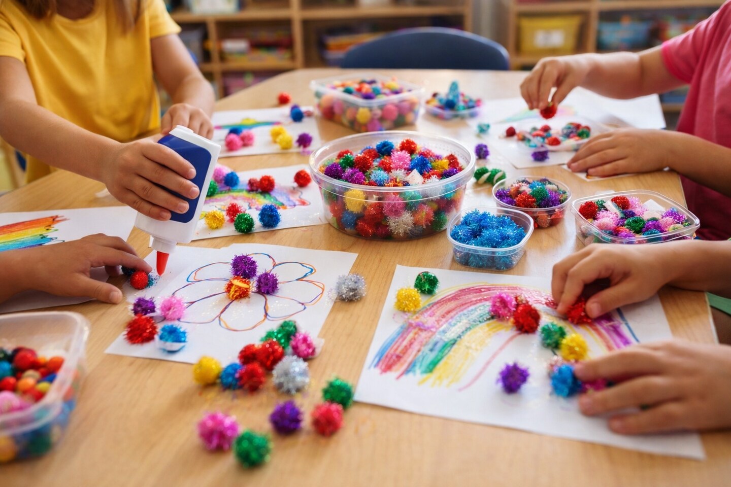 Glitter Pom Poms Assorted Colors – Craft Pom Poms for Kids Crafts & Classroom Projects (1/2" 80 Pack or 1" 40 Pack)