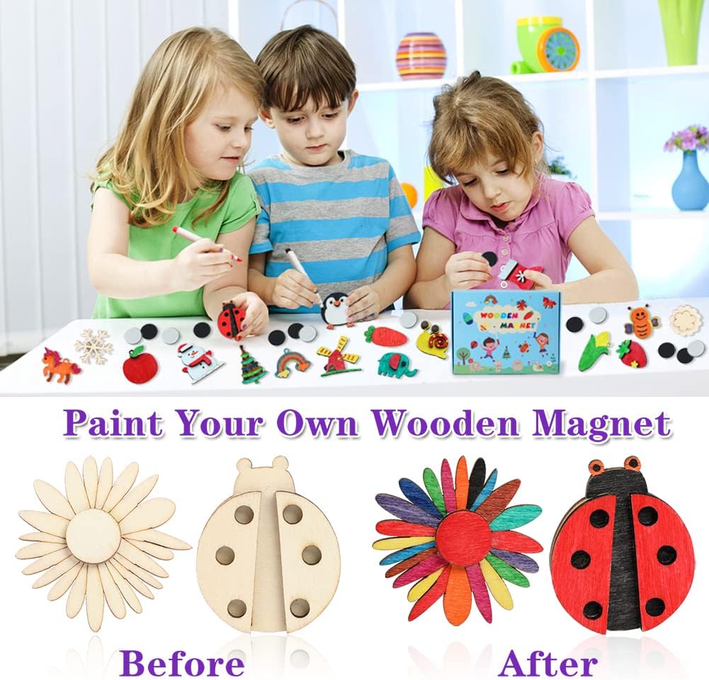 DIY Wooden Magnets, 36 pcs Wooden Art Craft Supplies Painting Kit for Kids Party Favours for Boys Girls Ages 4-8 (8-12) Birthday Easter Crafts Gifts Toys Basket Goodie Bag Stuffers