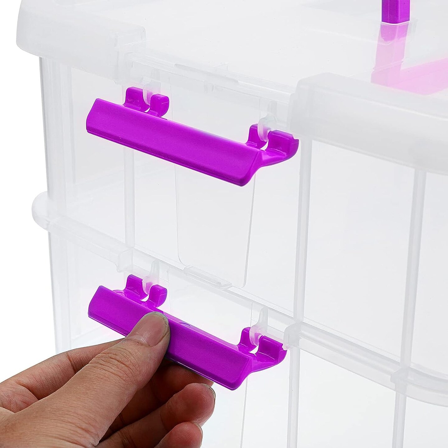 Double-layered Stack and Carry Box, Multipurpose Plastic Portable Storage Organizer Storage Box with Container Box Handle for Stationery, Sewing, Art Craft, Jewelry, and Beauty Supplies (Purple)