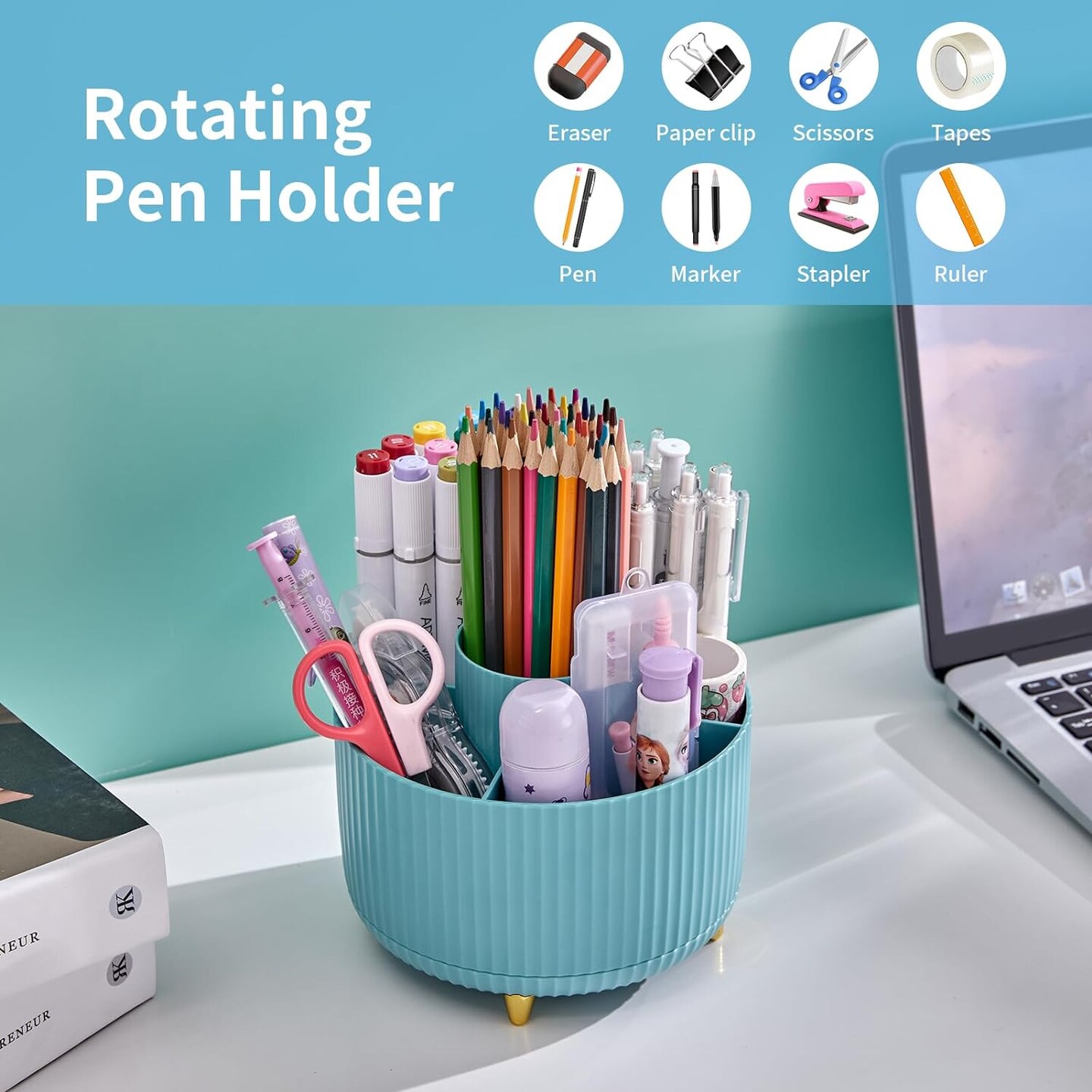 Desk Organizer, 360-Degree Rotating Pen Holder, Desk Organizers and Accessories with 5 Compartments. Pencil Organizer, Art Supply Storage Box Caddy for Office and Home - Light Blue