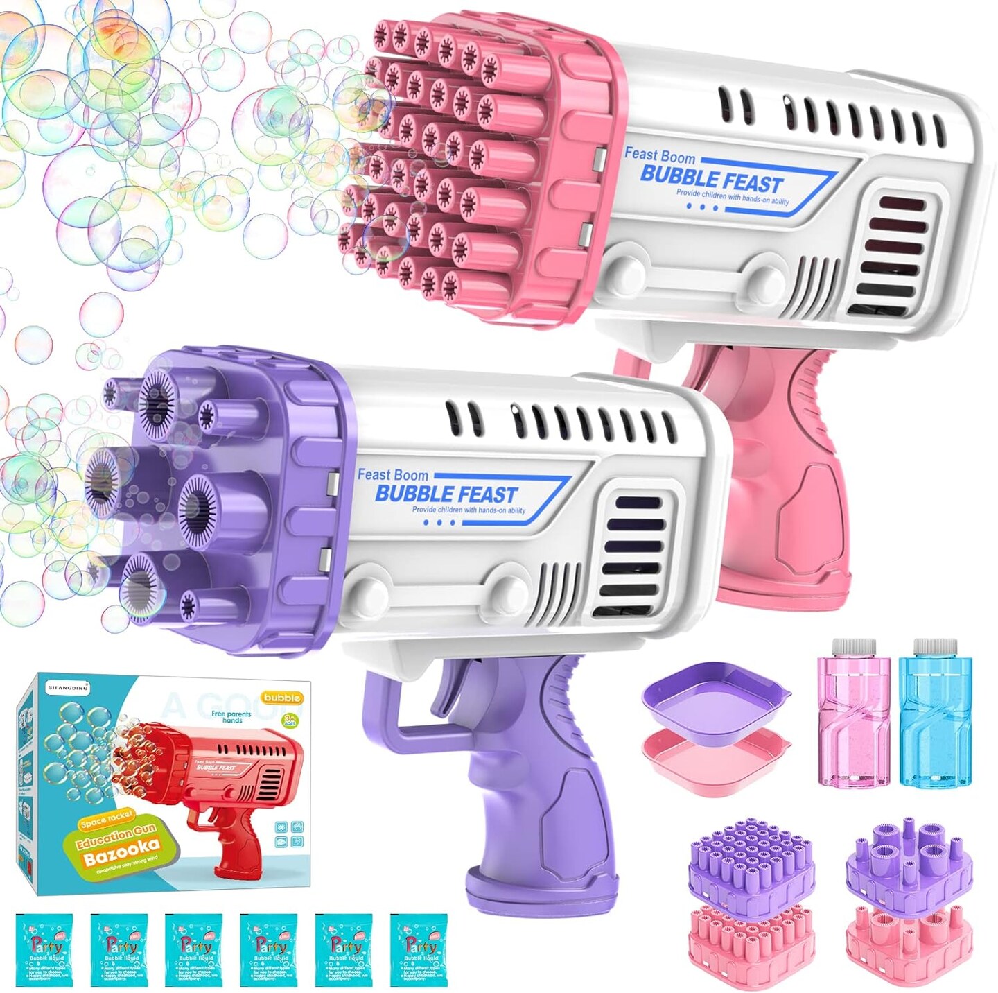 2-Pack Mini Bubble Machine Gun, 36 Holes Bubble Bazooka Gun Toy Blaster for Toddlers 3+ and Kids, Bazooka Bubble Gun with Bubble Solution for Outdoor, Party, Birthday, Wedding (Pink and Purple)