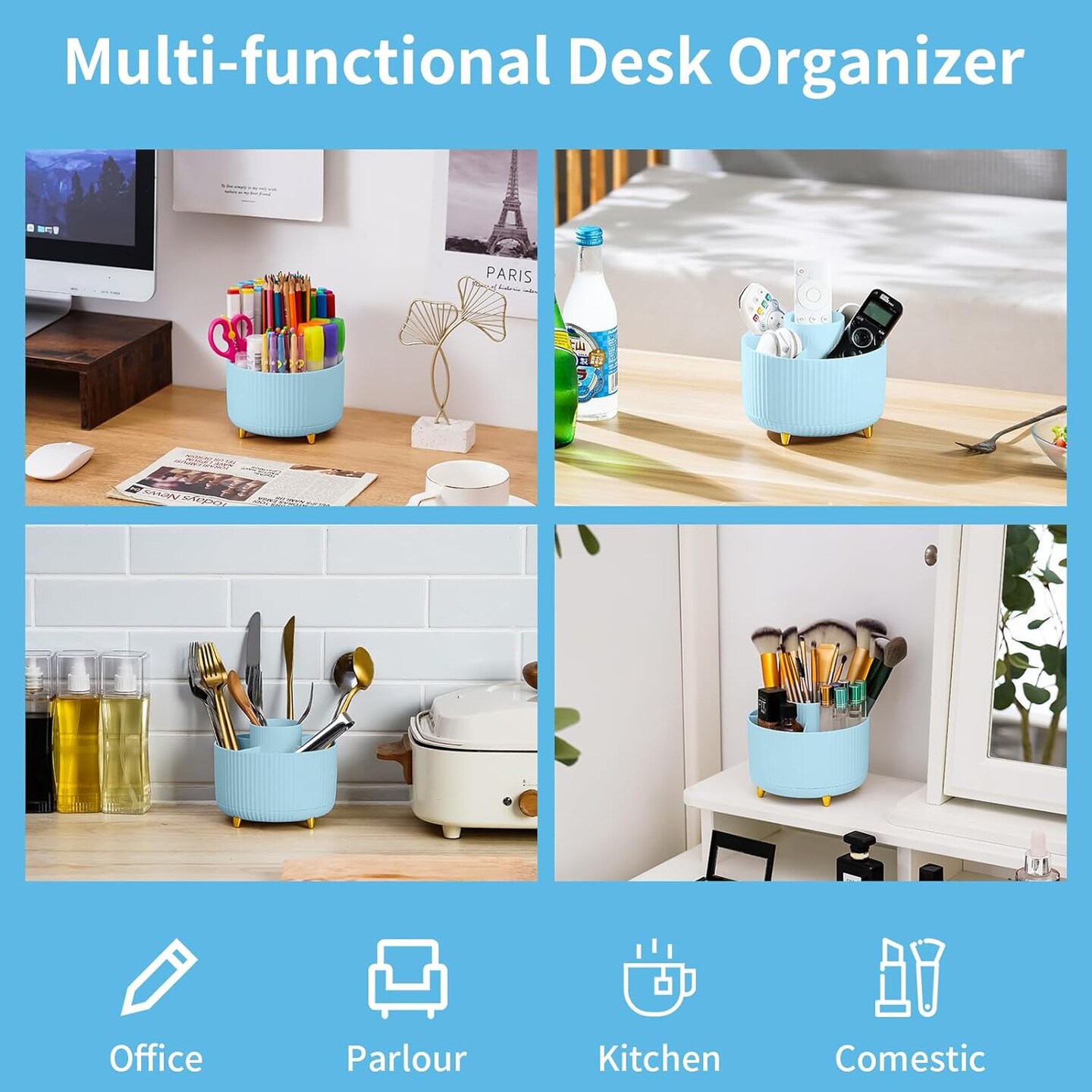 Desk Organizer, 360-Degree Rotating Pen Holder, Desk Organizers and Accessories with 5 Compartments. Pencil Organizer, Art Supply Storage Box Caddy for Office and Home - Light Blue