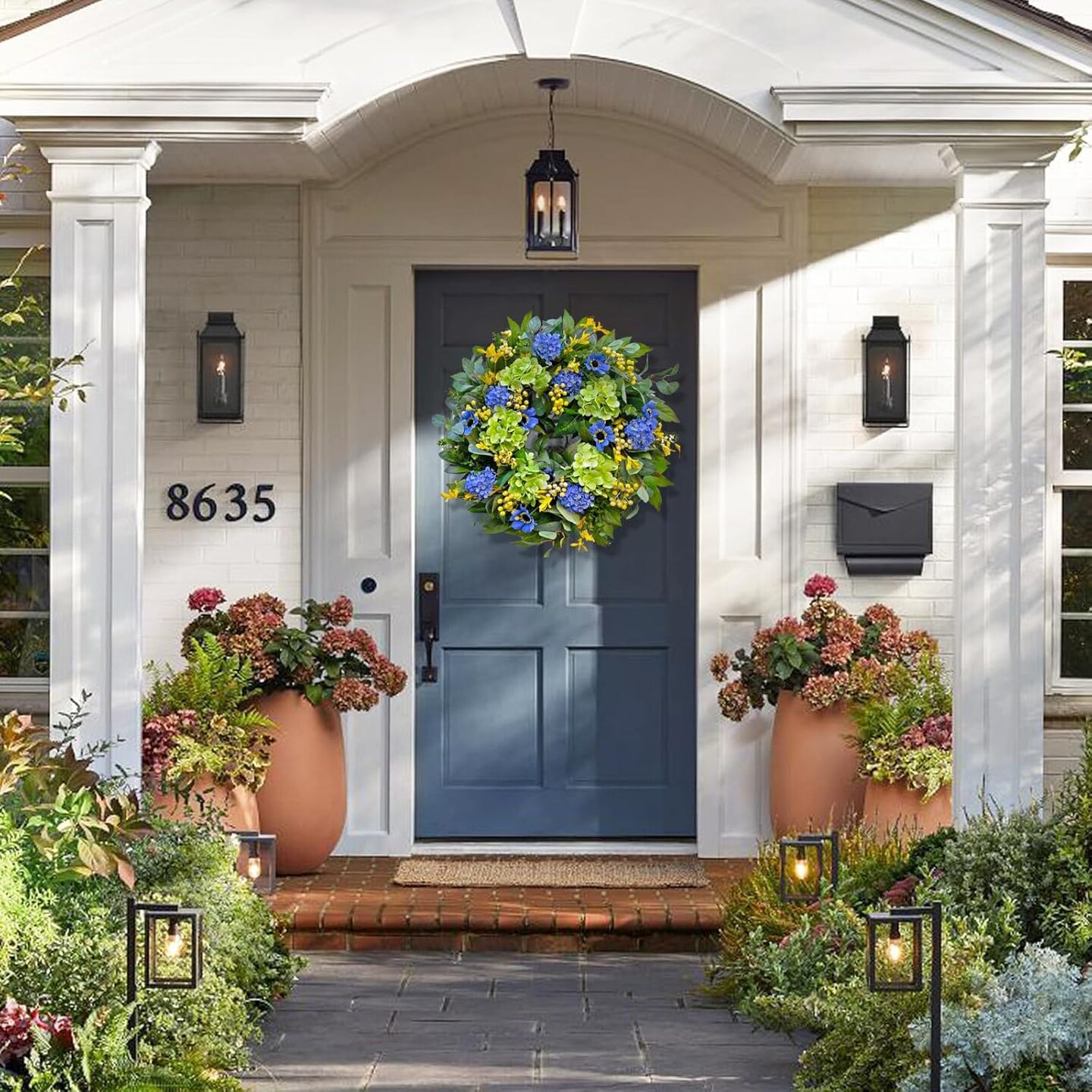 Spring Wreaths for Front Door 24 Inch Spring Wreath with Lifelike Blue Hydrangea Gerbera and Daisy, Spring Door Wreath Decor for Indoor or Outdoor Spring and Summer Wreaths for Front Door Outside