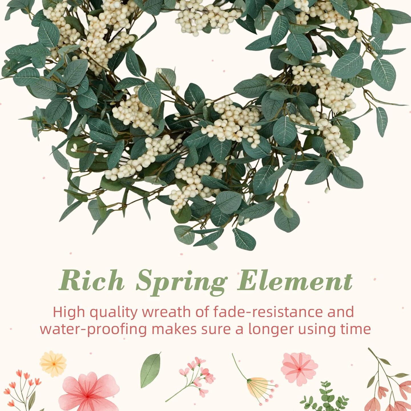 18" Spring Wreaths for Front Door, Green Eucalyptus Wreath with White Berries, Eucalyptus Leaves for Indoor Outdoor Farmhouse Home Porch Wall Window Festival Wedding Decor