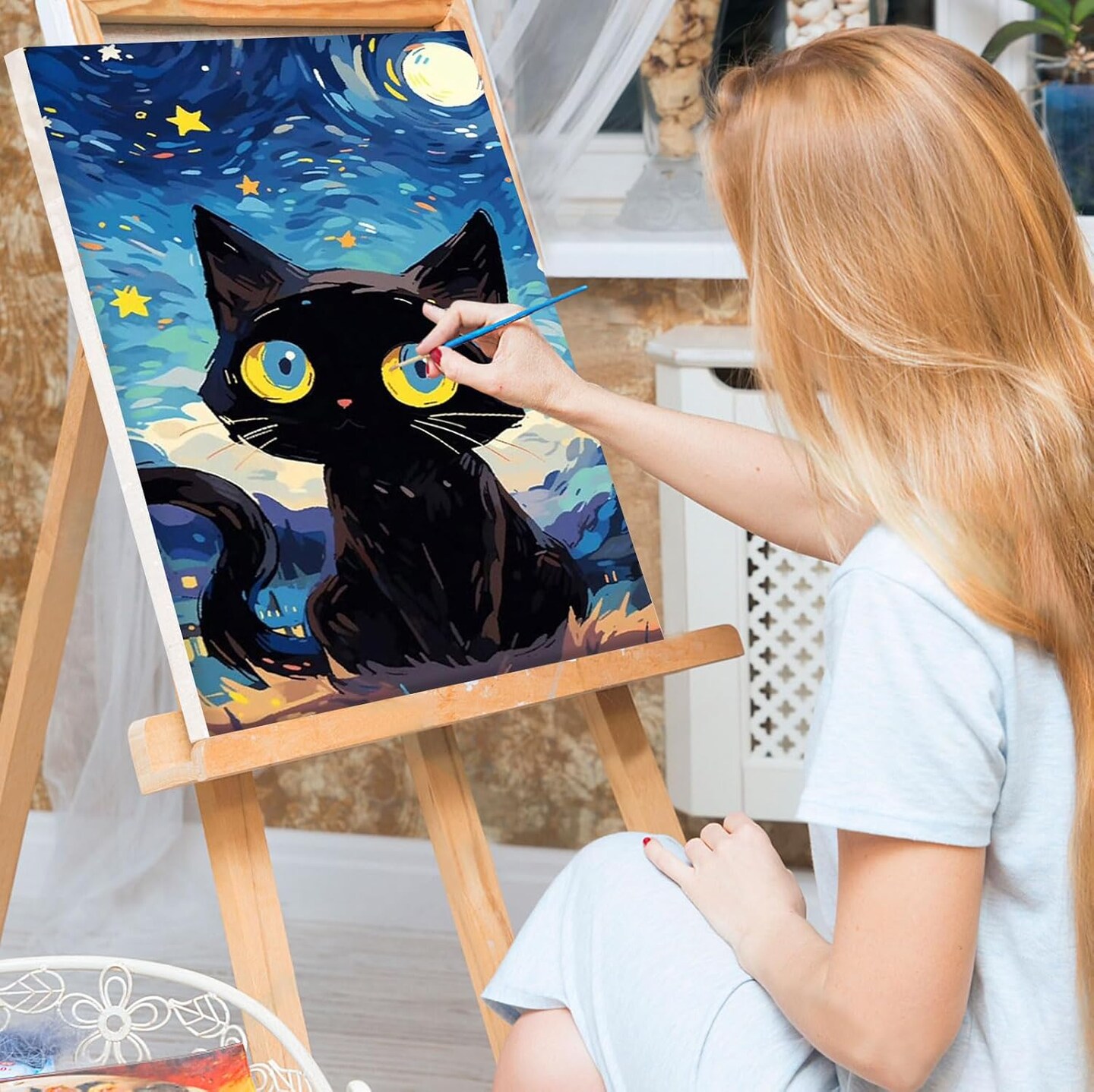 Starry Night Cat Paint by Numbers Kit for Adults – Framed DIY Canvas, 8x12 Inch