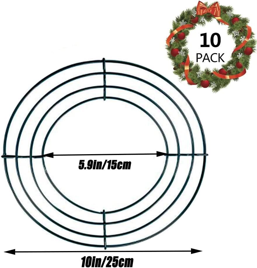 10pcs Metal Wreath Frame, 10IN Durable Wire Wreath Rings, Dark Green Flower Wreath Frame for Christmas New Year Party Valentines Home Decor DIY Crafts Supplies