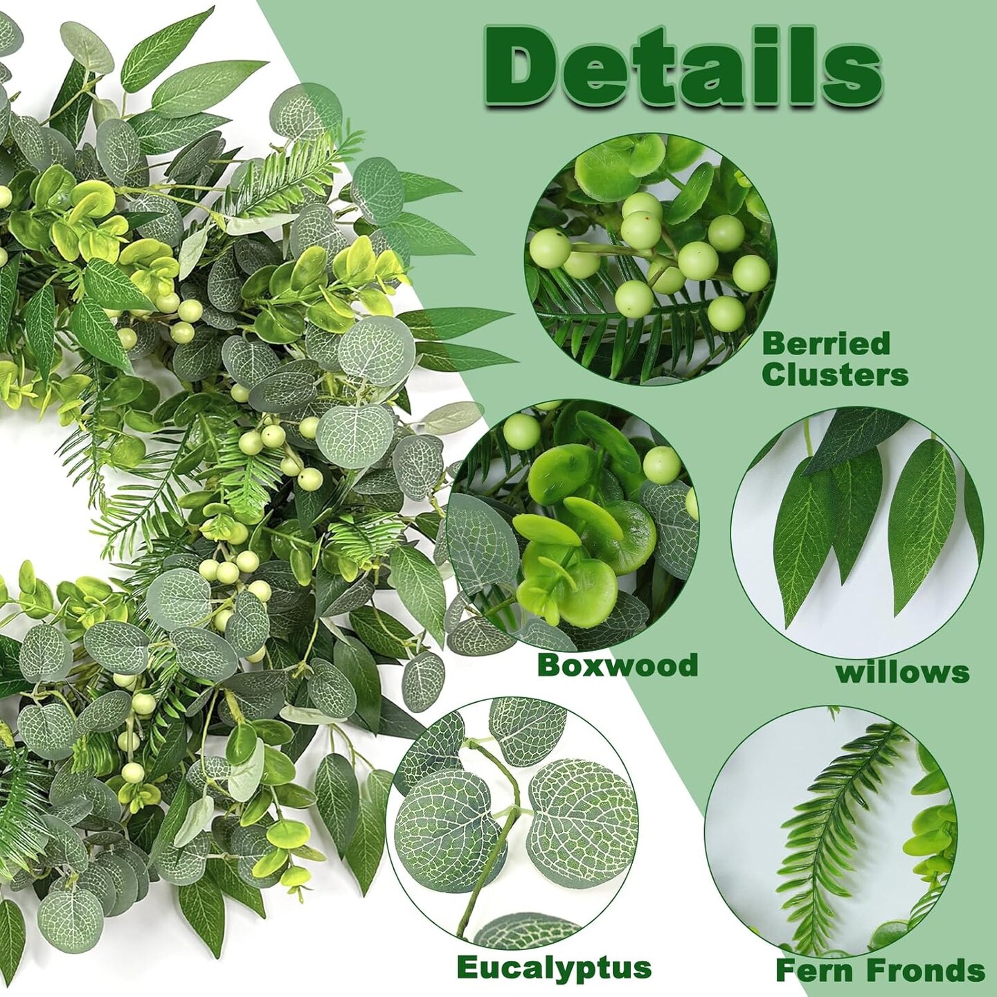 Eucalyptus Wreath with Berry 20" Green Spring Wreaths for Front Door Artificial Greenery Boxwood Fern Indoor Outdoor Decoration