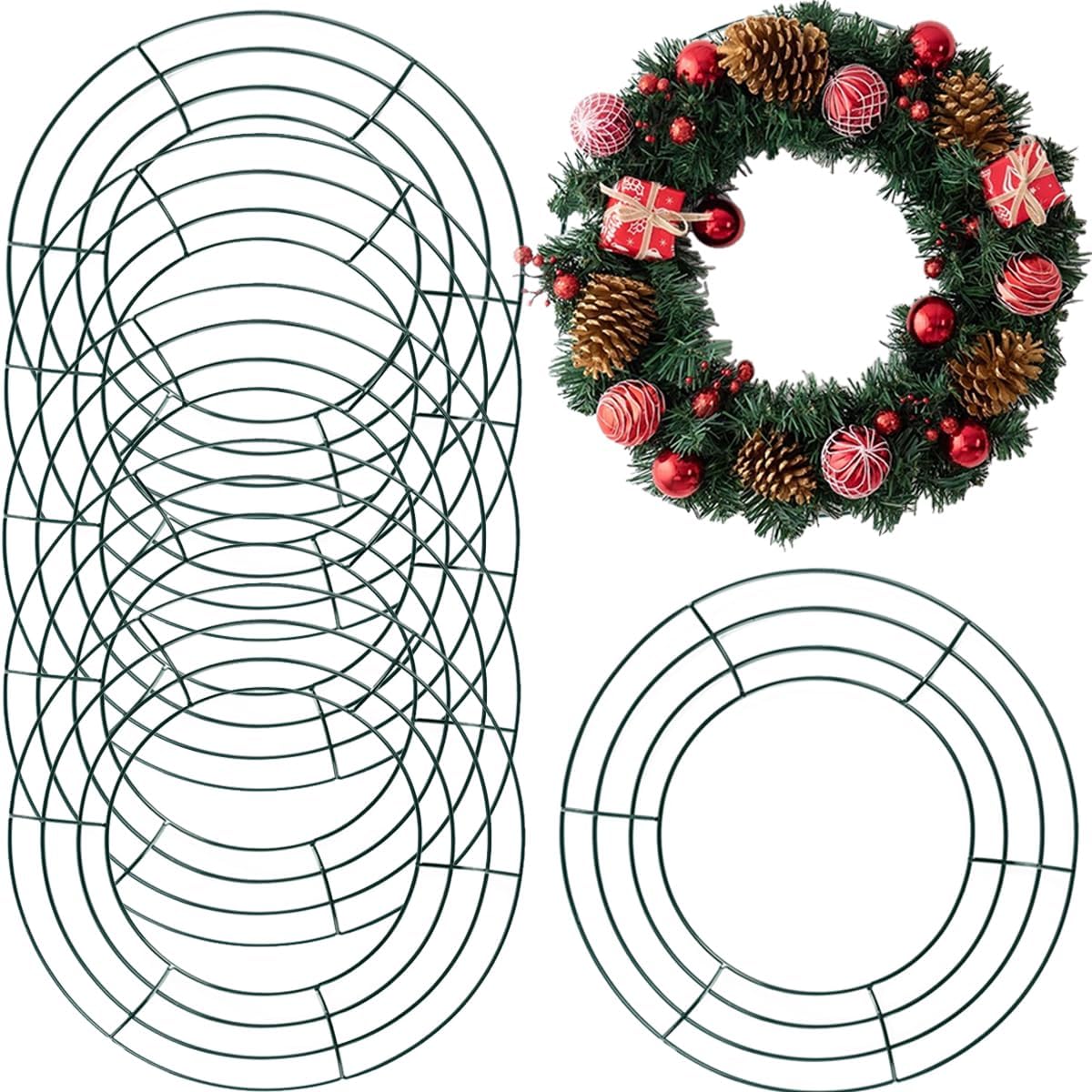 6PCS 10&#x201D; Wire Wreath Frame Round Metal Wreath Form for Crafts &#x26; Floral Decorations on Weddings Christmas Home Party Celebrations, Dark Green