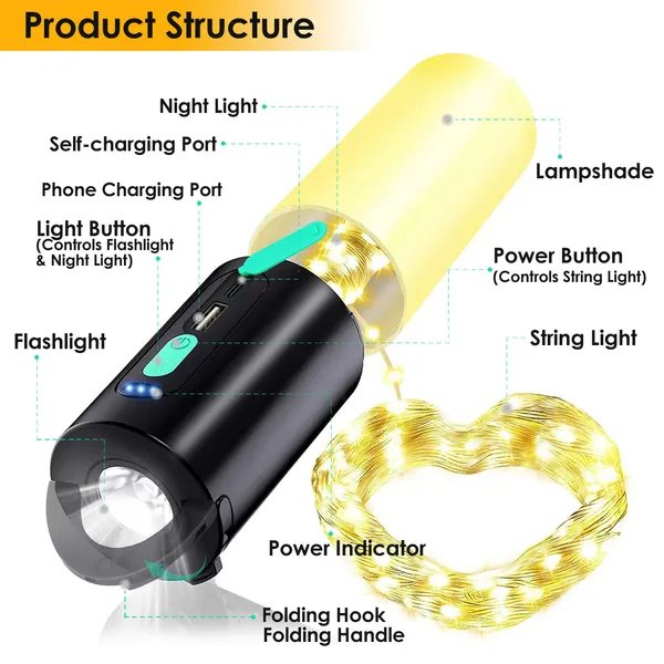 4-in-1 Rechargeable Camping String Light – 33FT LED Lantern with Power Bank & Carry Bag