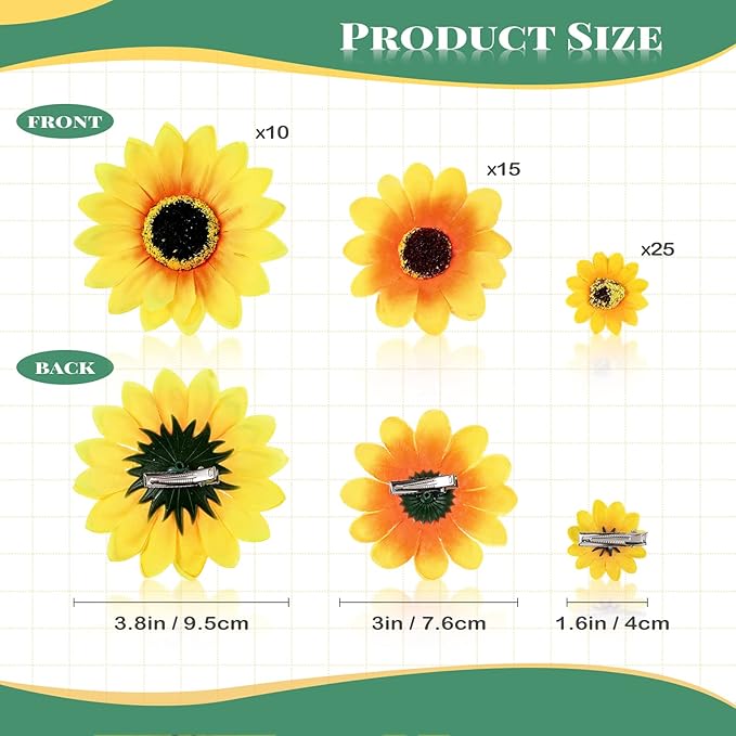 50pc Clip on Artificial Sunflower Heads - Faux Silk Yellow Flower Decor in 3 Sizes (3.8", 3", 1.6") with Metal Clips for Christmas Tree, Wedding Bouquets & DIY Crafts