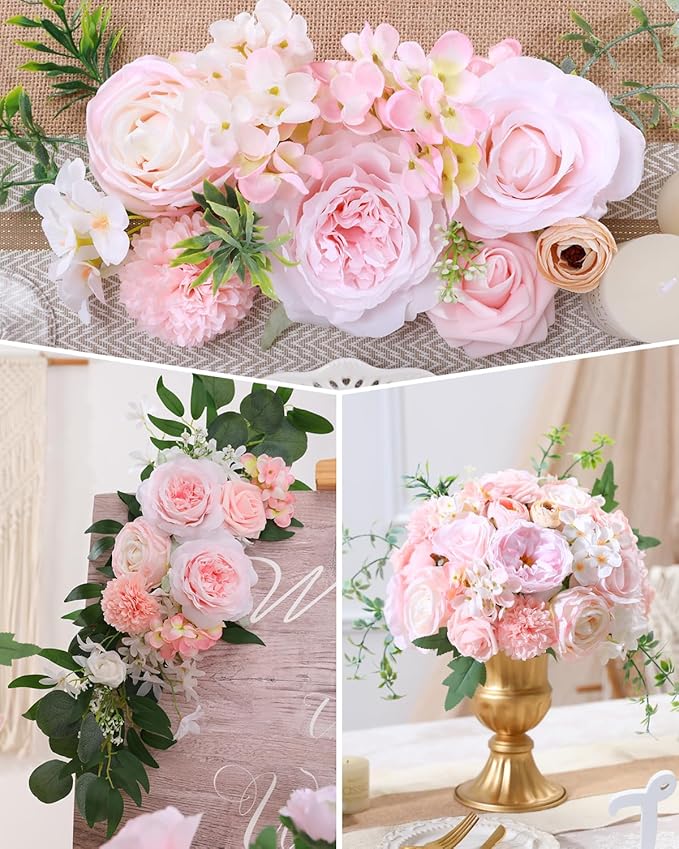 Senseya Blush Pink Artificial Flowers Combo - 24pc Silk Roses, Peonies & Dahlias with Stems for DIY Wedding Bouquets, Centerpieces & Baby Shower Decor - Designer Floral Box by Mark de Ruijter