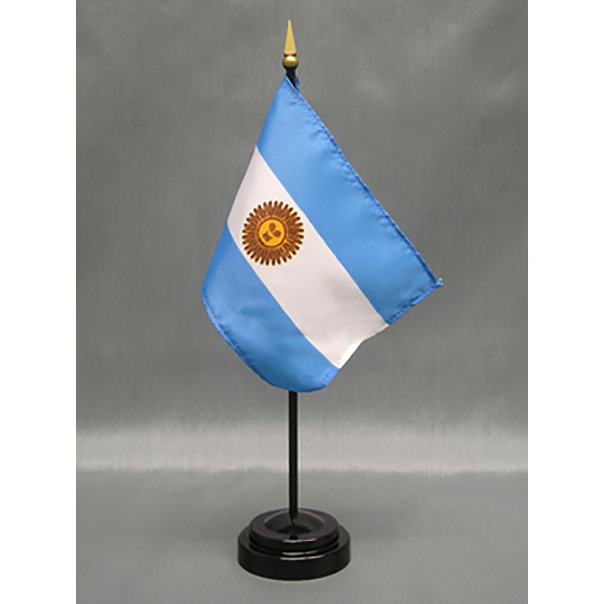 Argentina Desk Flag with Base; American Made Rayon 4x6 inch Miniature Table Set Includes One Small Mini Country Stick Flags and One Black Stand