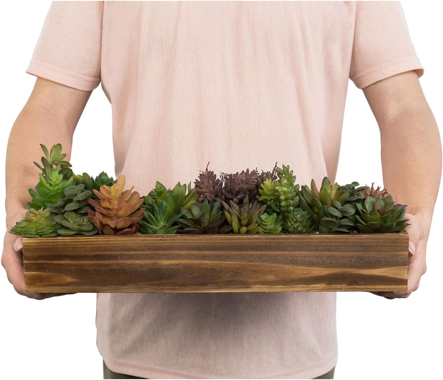 Artificial Succulent Centerpiece, 15.75 Inch Faux Succulents Arrangement Plants in Rustic Burnt Wood Rectangular Planter Box