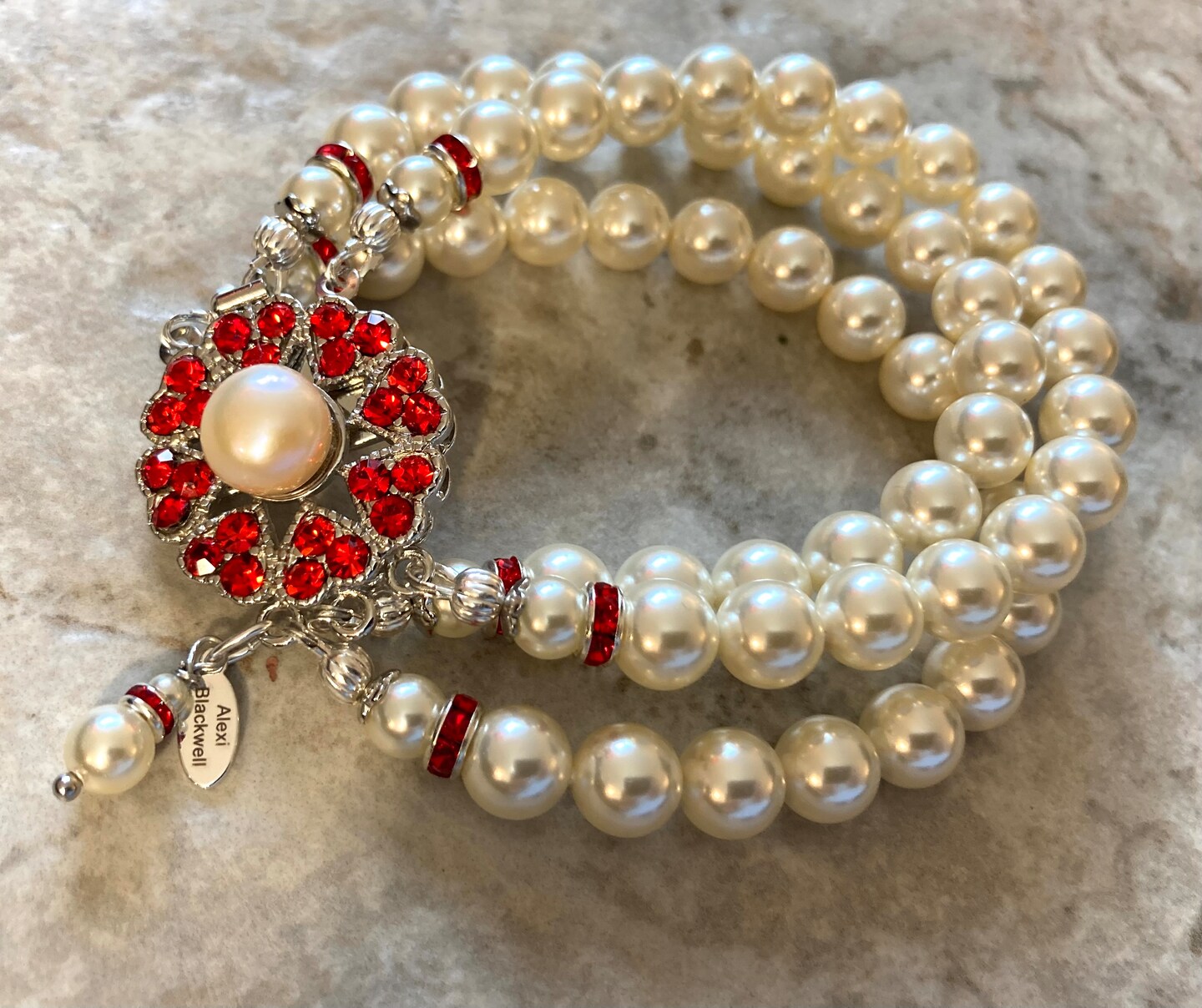 Pearl Bracelet Red Rhinestone Clasp in Cream Ivory with Red