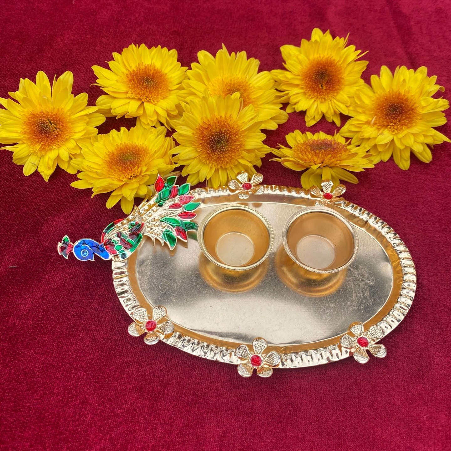Pack of 6 Decorative Peacock Pooja Thali Gold Plated Indian Pooja Thali Haldi Kumkum Platter Ganesh Pooja Teej Diwali Favor Thali Stylish Temple Decor Gift