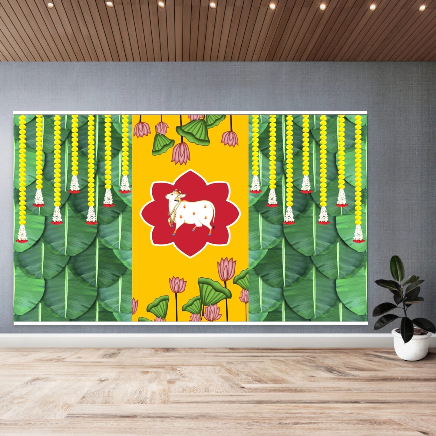 Cow Backdrop with Marigold Design Indian Traditional Cloth 5x8 Feet Backdrop Pooja Wall Decor Indian Wall Art Photo Decor Banner Indian Janmashtami Decor Decorative Pooja Cloth