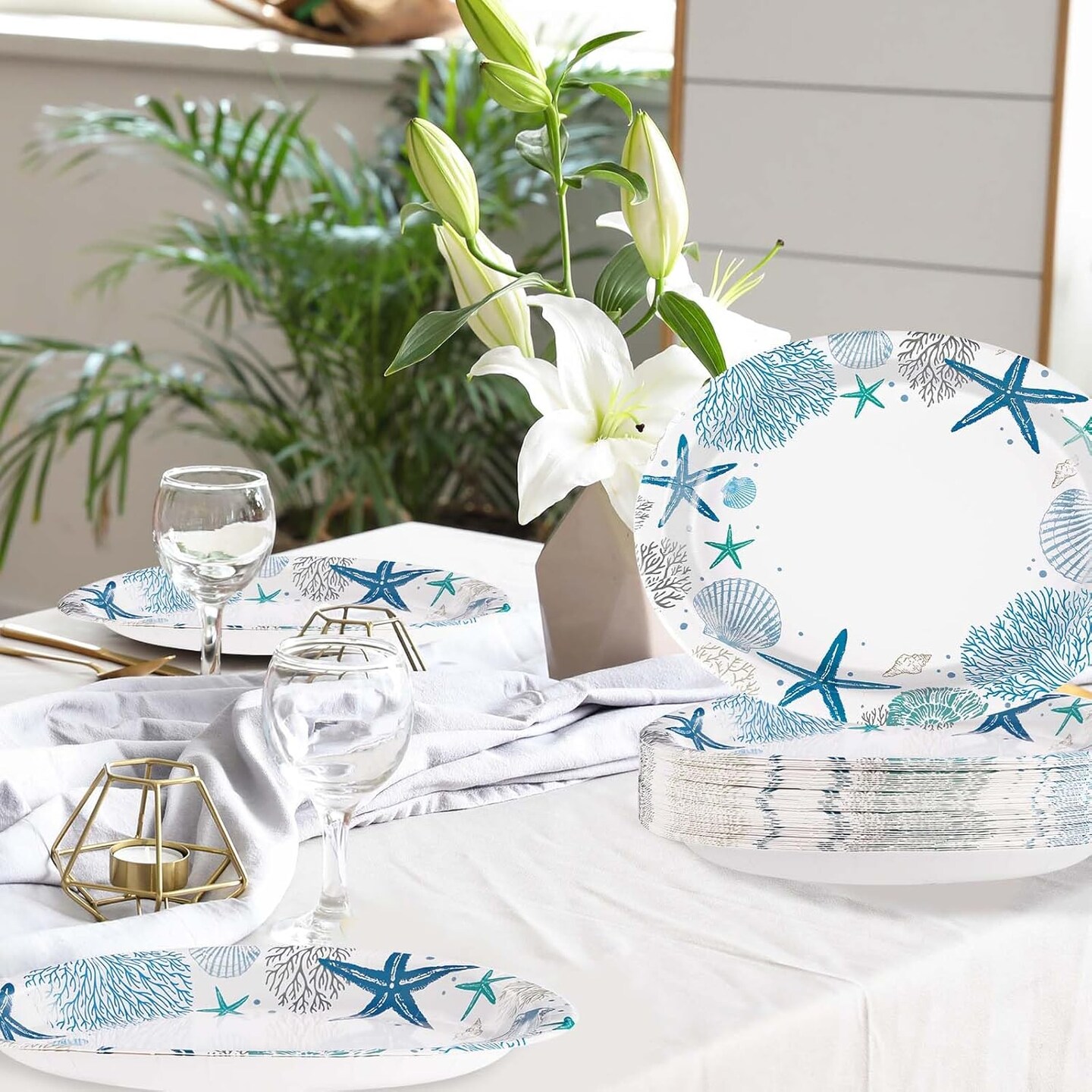 50Pcs Ocean Oval Paper Plates 10&#x22; x 12&#x22; Large Disposable Heavy Duty Blue Coastal
