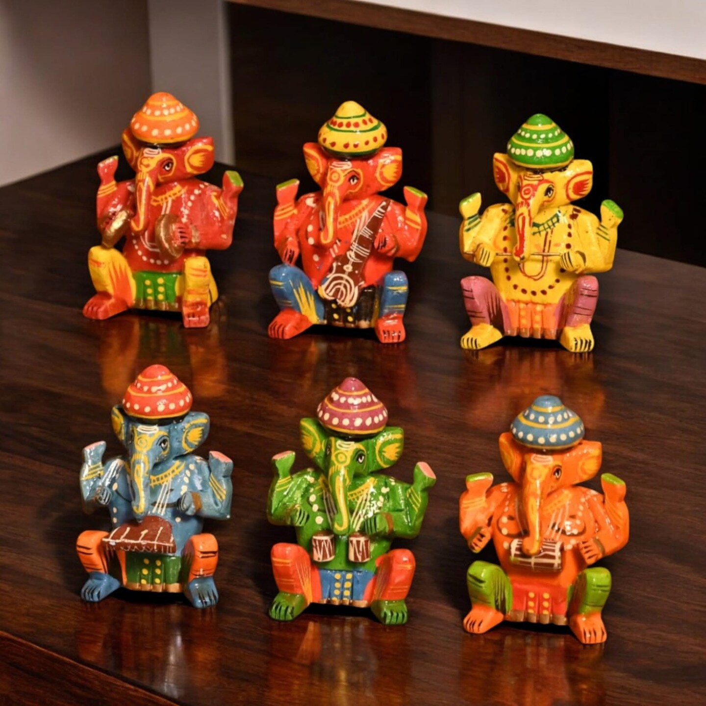 Set of 6 Wooden Musician Ganesha Design Statue Hand Painted Lord Ganesh Sculpture with Musical Instrument Ganpati Figurine for Gift Hindu God Idol Murti for Good Luck &#x26; Success (3 Inches)