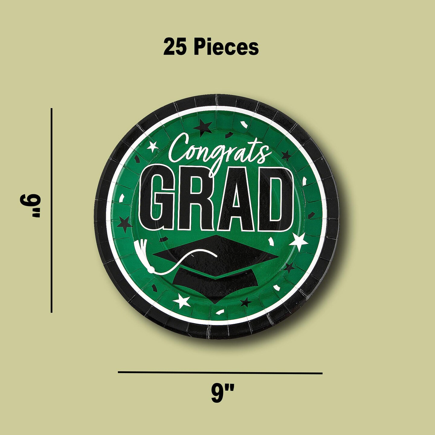 25 Count Green Congrats Grad 9 Inch Paper Plates for School Graduation Celebrations