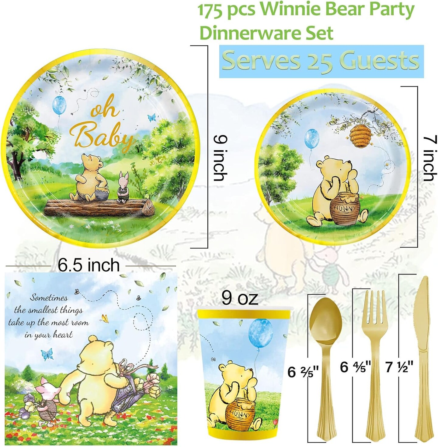 175 Pcs Vintage Winnie Bear Baby Shower &#x26; Birthday Tableware Set for 25 Guests