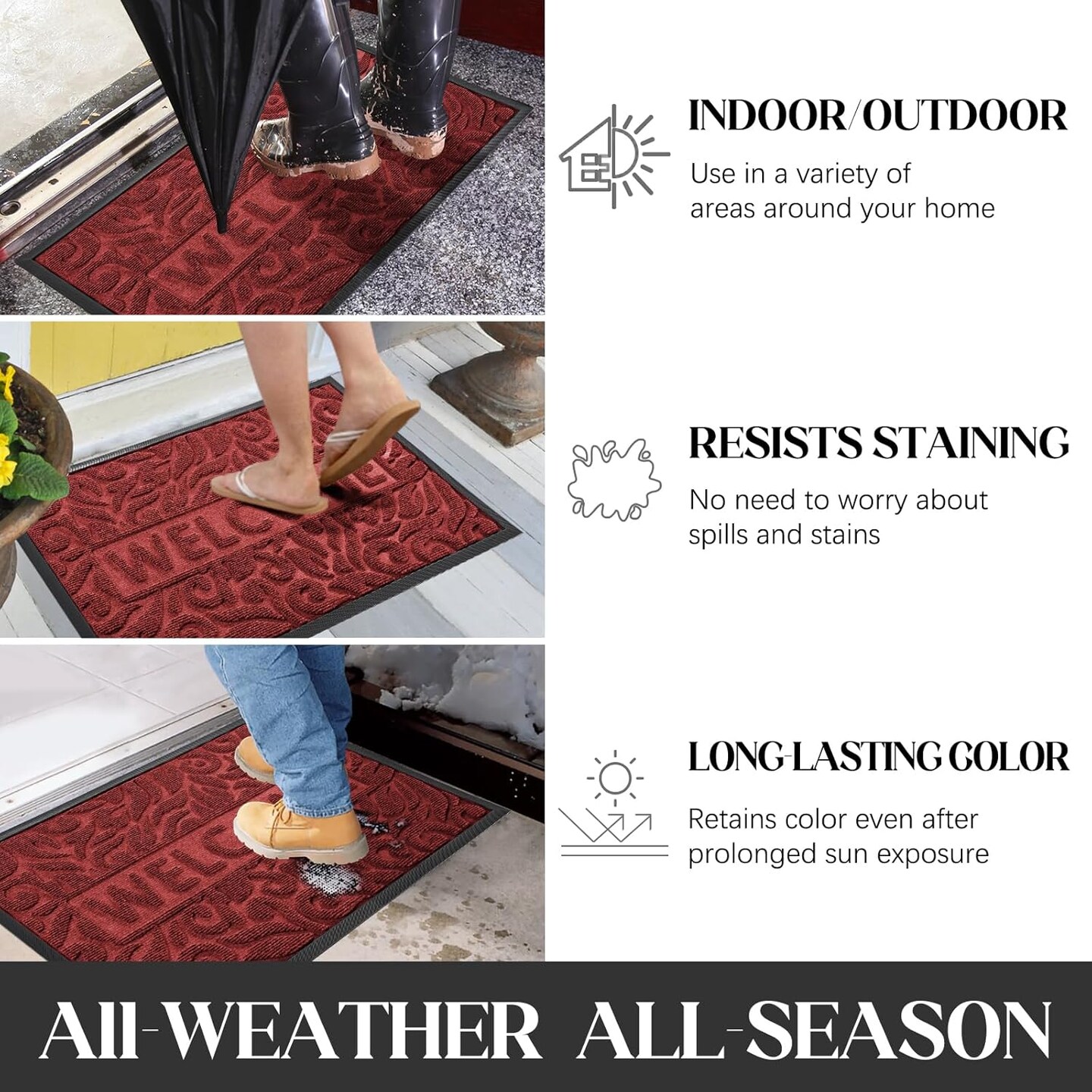 Welcome Mat Outdoor Indoor, 29.5x17 Waterproof Door Mat Outside Entrance, All-Weather Non Slip Door Mat Outside Entrance, Low-Profile Front Door Mat, Porch and Patio Entryway Mat, Wine Red