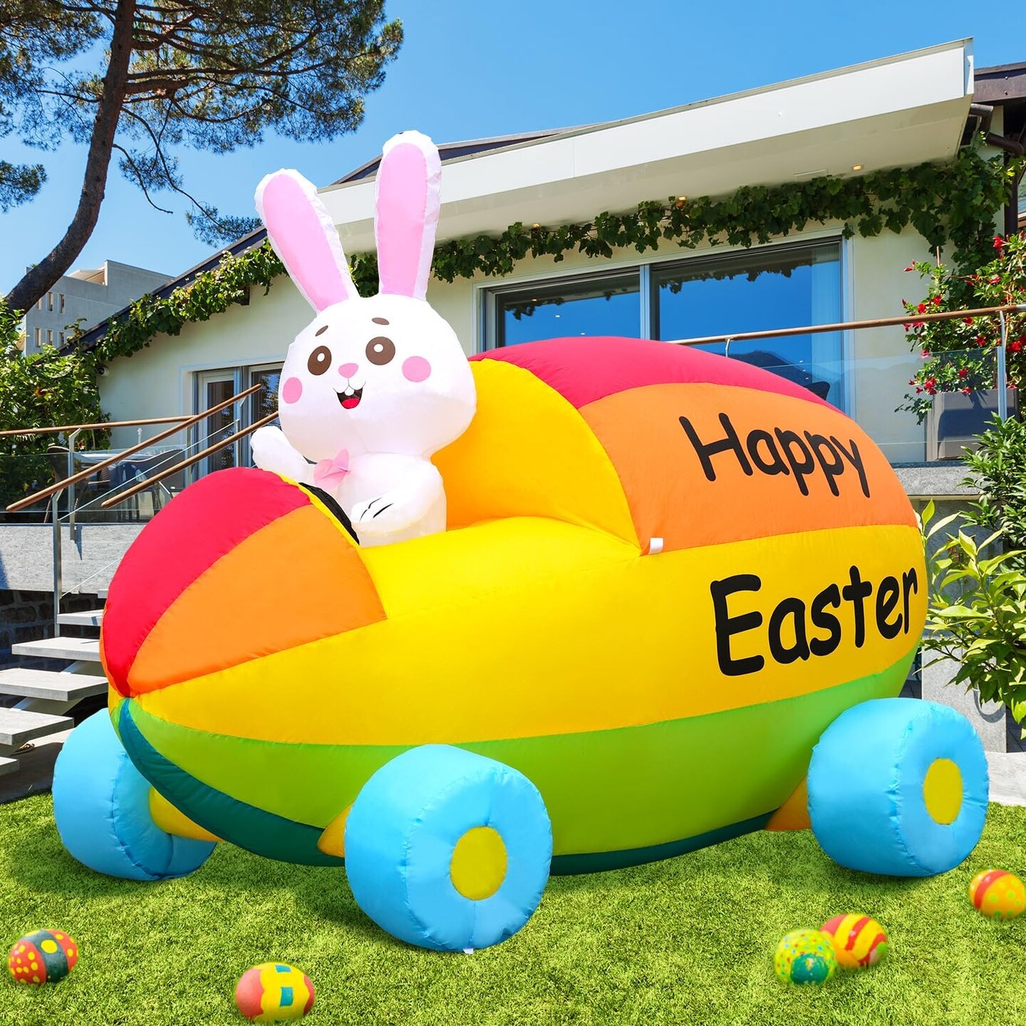 2025 New Huge Easter Inflatable Bunny Driving Car Outdoor Decorations, Build-in LED Lights Holiday Blow Up Yard Decoration, for Easter Holiday Party, Outdoor,Garden, Yard Lawn D&#xE9;cor