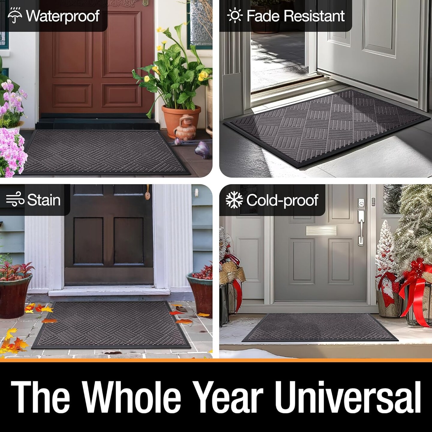 Front Door Mat Outside Entrance, Indoor Outdoor Low Profile Rubber Doormat, Waterproof Heavy Duty Patio Mat, Fade Resistant, Easy Clean All-Weather Durable, Small 17x29.5 inch Grey Striped