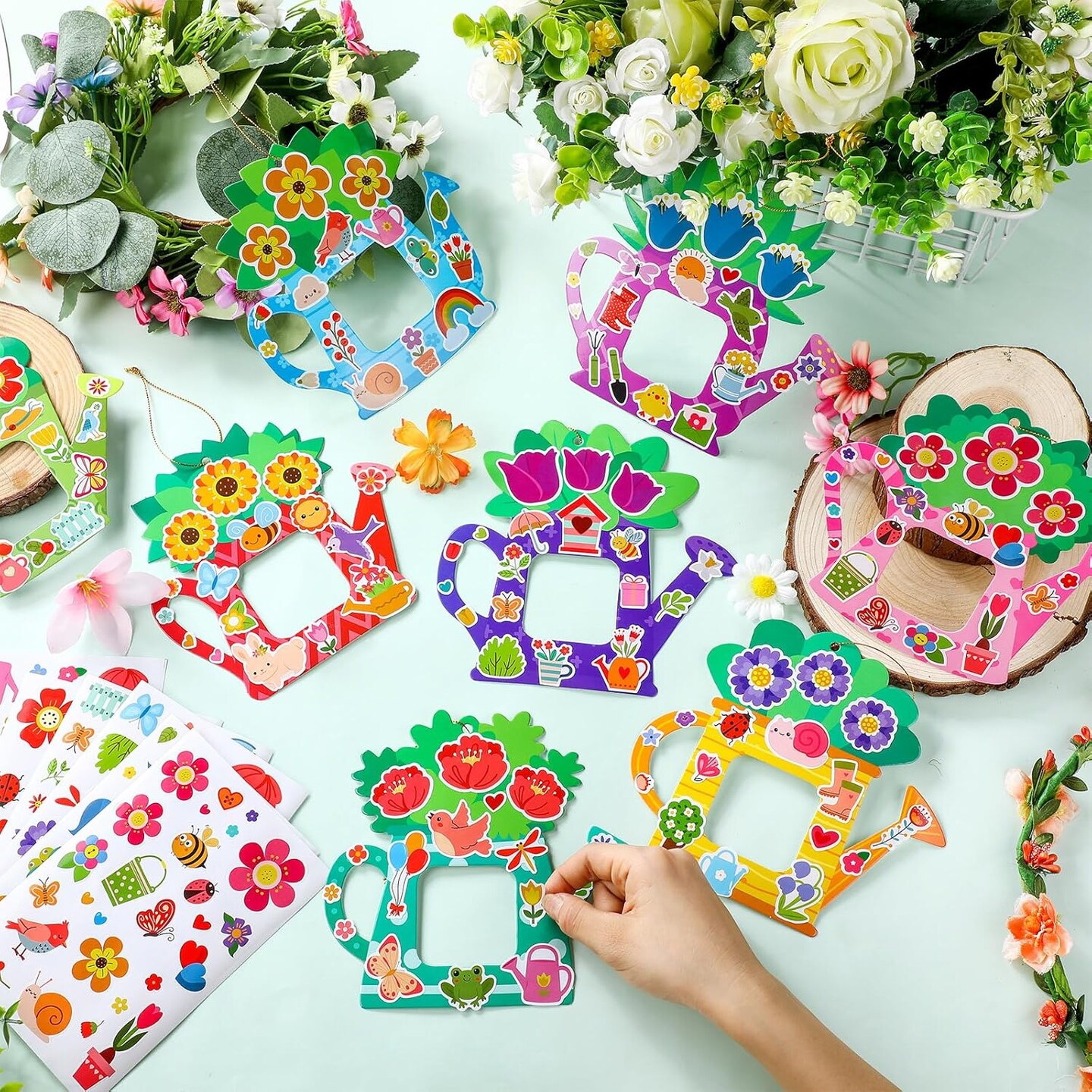Spring Watering Can Picture Frame Crafts DIY Teapot Keepsake Picture Frame Craft Activity Gifts with Stickers for Spring Mother's Day Party Home Activities