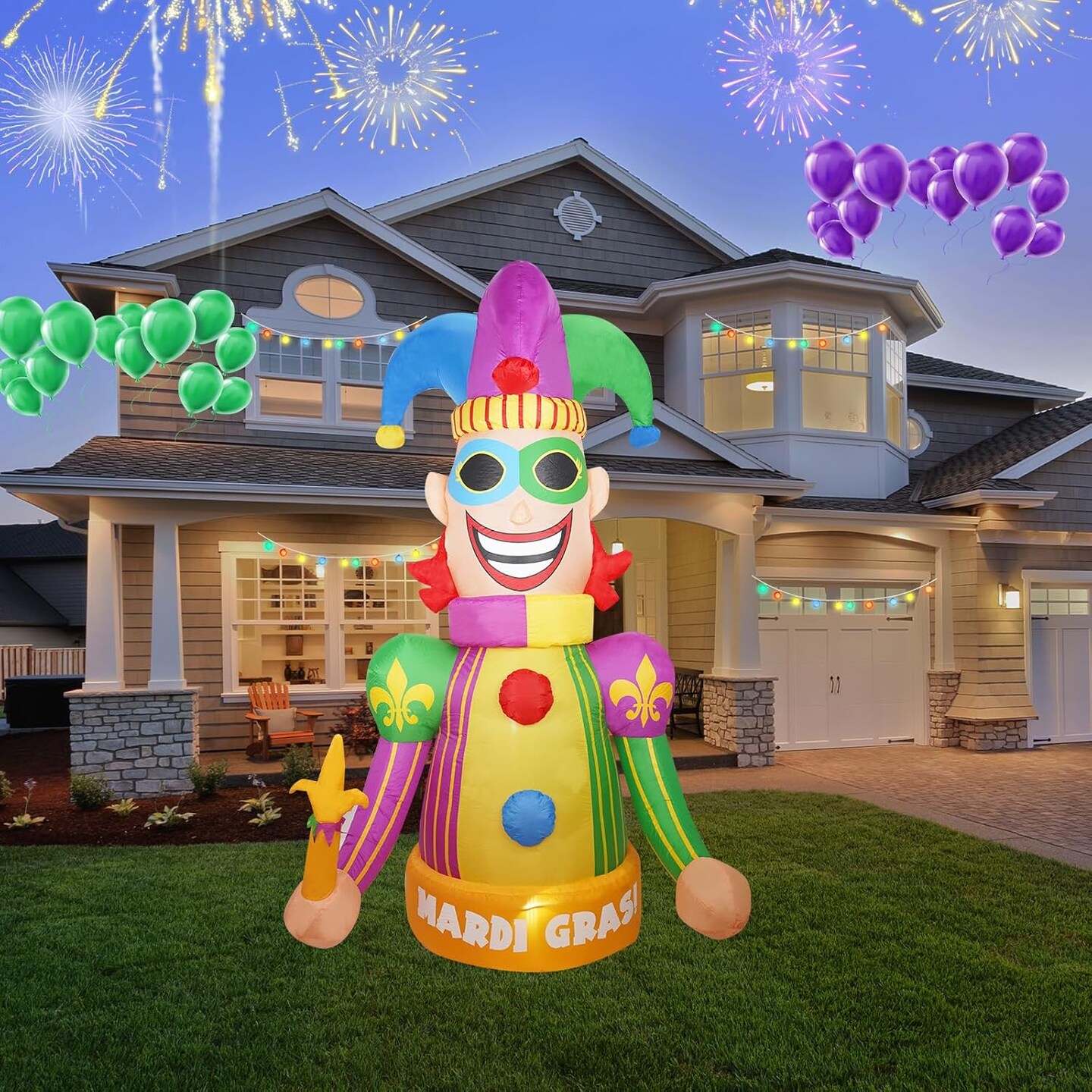 [2025 New] 8FT Huge Clown Inflatable, Mardi Gras Inflatable Decoration Decorations, Build-in LED Lights,Mardi Gras Blow up Outdoor Yard Decorations for Party, Indoor Home Celebration Garden Lawn