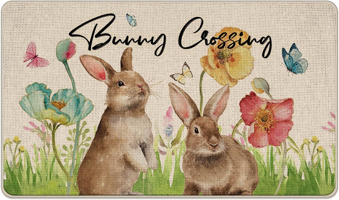 Easter Bunny Crossing Decorative Front Door Mat, Rabbit Poppy Flowers Floral Doormat Indoor Outdoor Non-Slip Floor Entryway Rug, Butterfly Spring Holiday Home Kitchen Decoration 17x29 Inch