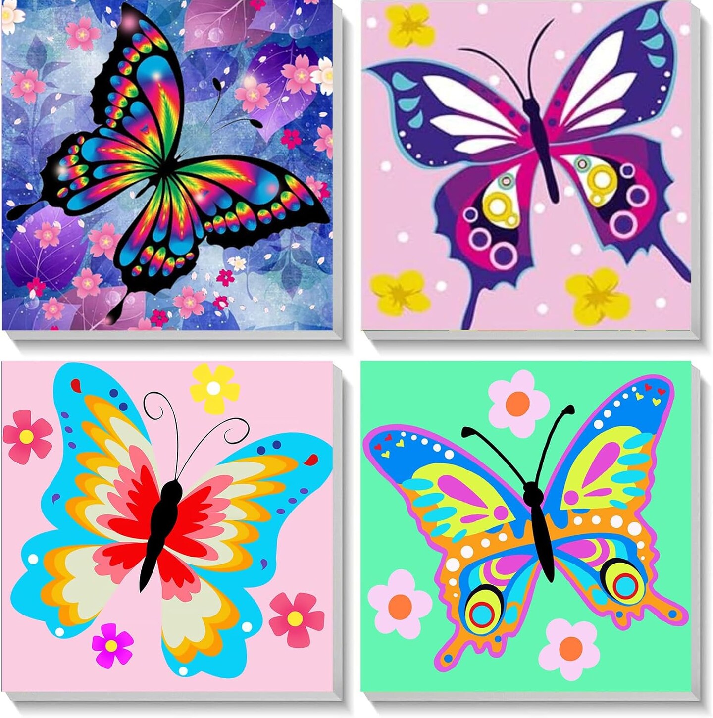 4PCS Butterfly Paint by Numbers Kits for Kids – 8x8in DIY Canvas with Wooden Frame, Ages 4-12