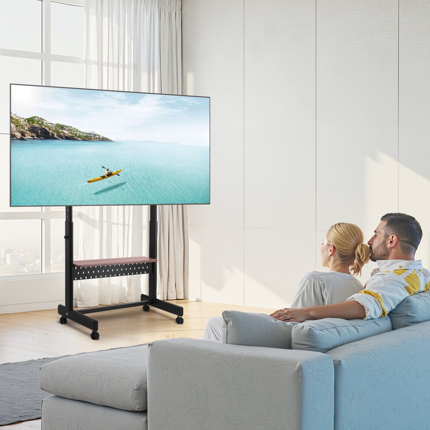Rolling TV Stand for 55-100" Screens, Height Adjustable, Holds 205 lbs