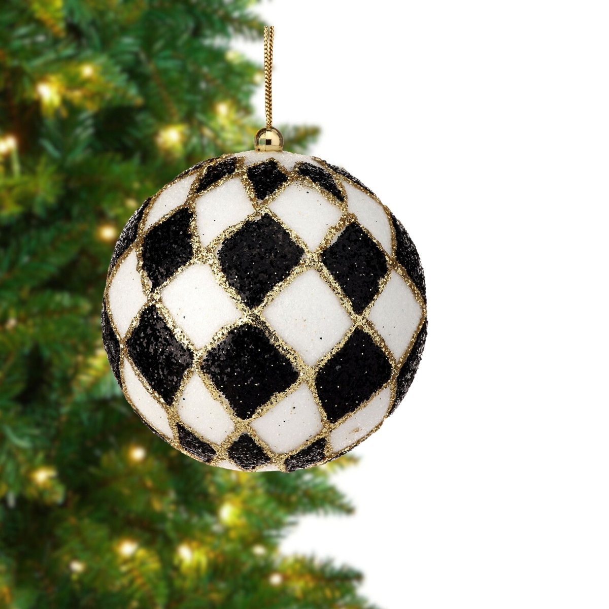 4&#x22; Harlequin Glitter Ball Ornaments: Black/Gold