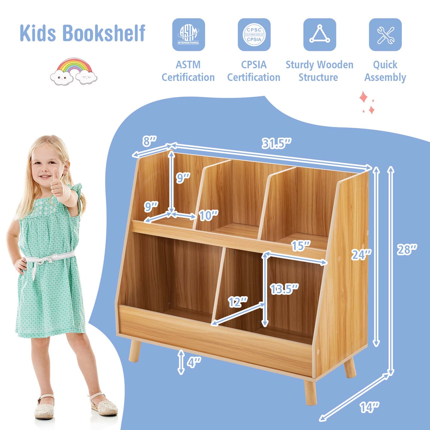 Costway 5-Cube Kids Bookshelf and Toy Organizer Wooden Storage Bookcase with Wood Legs Natural/White/Beige