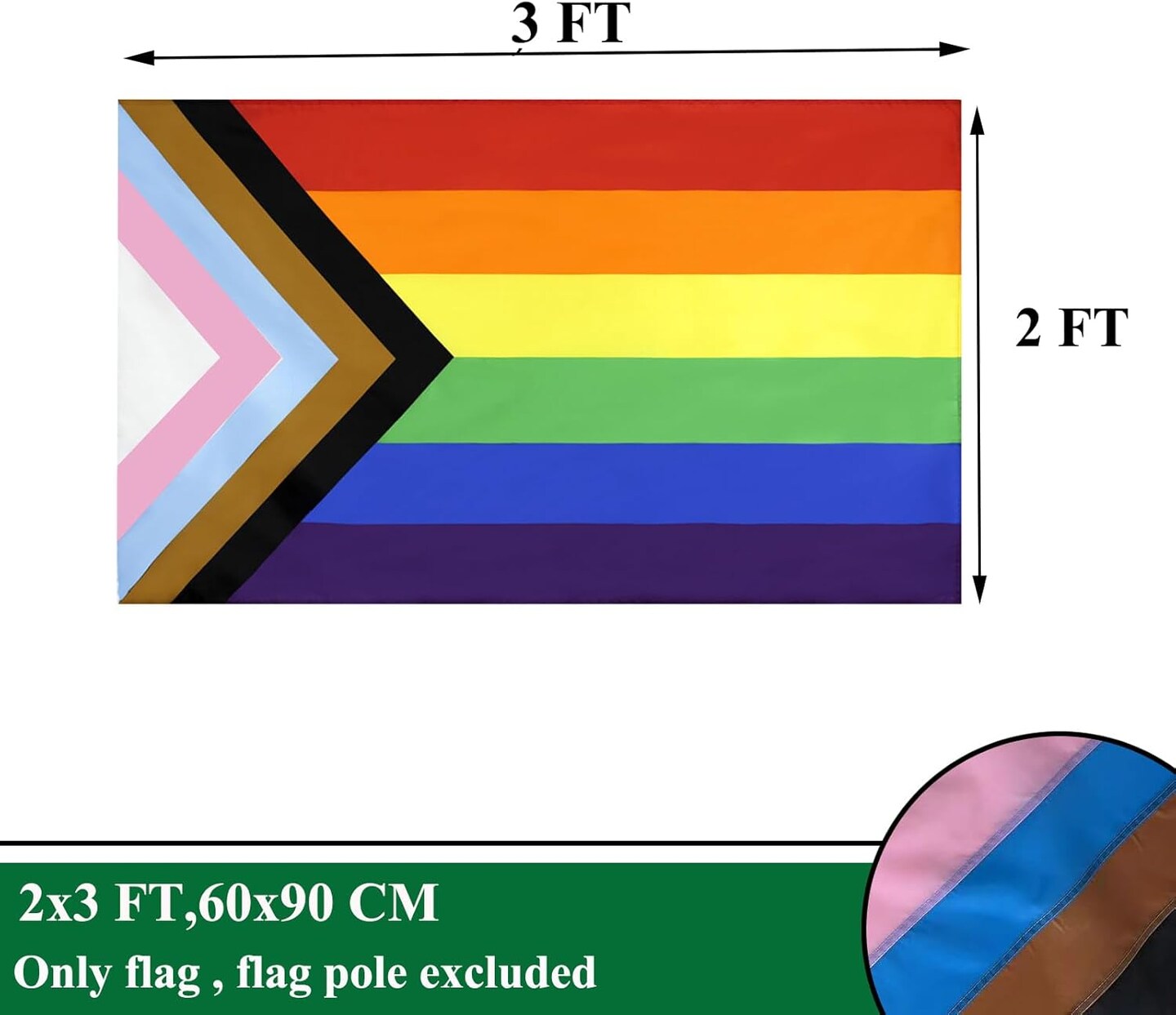 Progress Pride Rainbow Flags 2x3 Outdoor Sewn Stripes- LGBTQ Inclusive Progressive Pride Flag Heavy Duty Nylon UV Fading Resistant for Outside