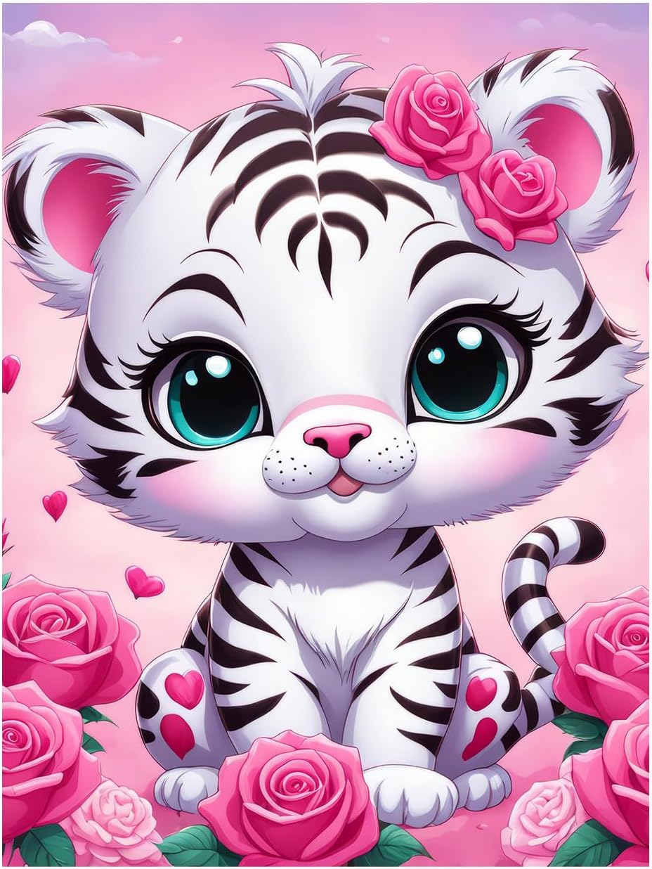 Cute Pink Tiger Diamond Art Painting Kit for Adult Tiger 5D DIY Diamond Art Kit Adult Cartoon Animals Full Drill Round Diamond Painting Kit 12x16inch