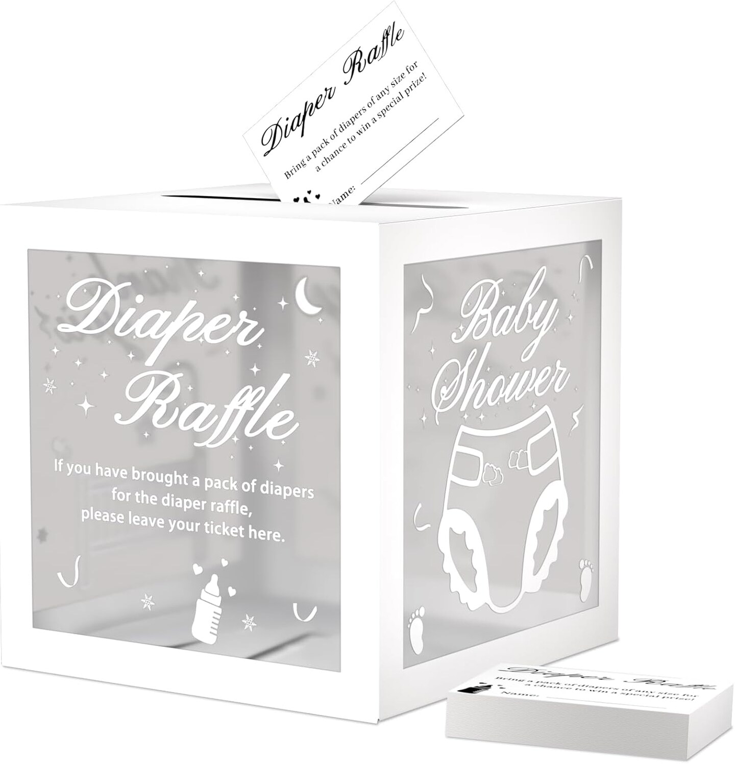 50 Pcs Diaper Raffle Tickets With Box for Baby Shower, Gender Reveal Card, Games, Party Decorations, Table Centerpiece