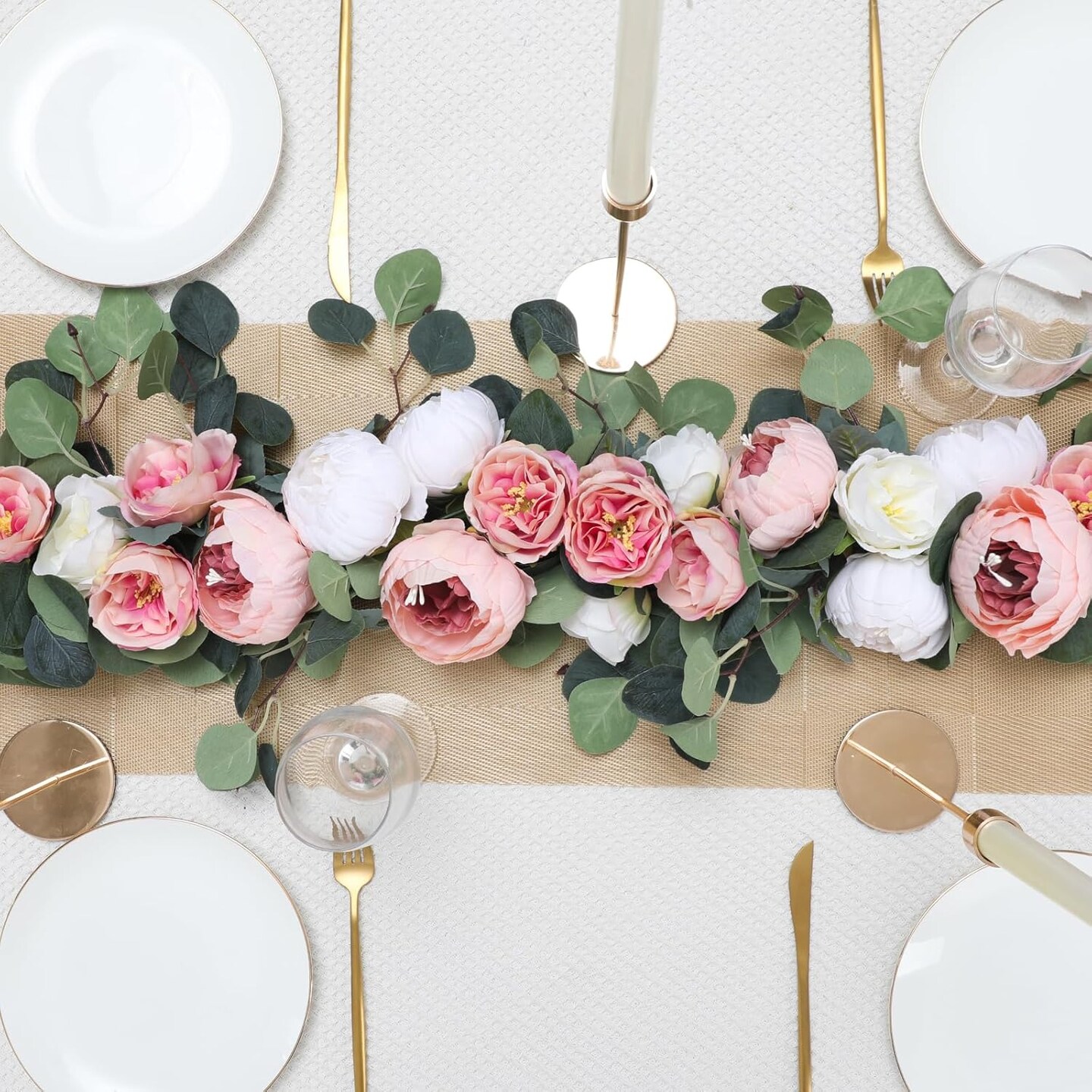 2 Pack Artificial Flower Garlands 11.2FT Eucalyptus Garlands with Flowers 8 Head Peony Flower Vine Faux Floral Garland for Wedding Arch Table Wall Backdrop Wreath Decoration. (Pink &#x26; White)